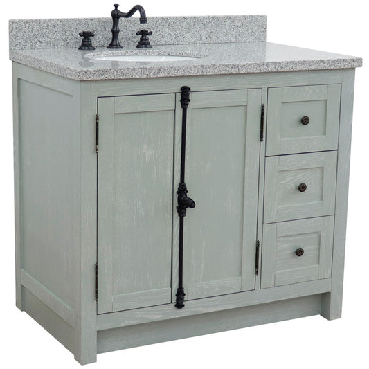 37 in. Single Vanity in Gray Ash Finish with Gray Granite Top and Oval Sink - Left Doors/Left Sink, Plantation Collection