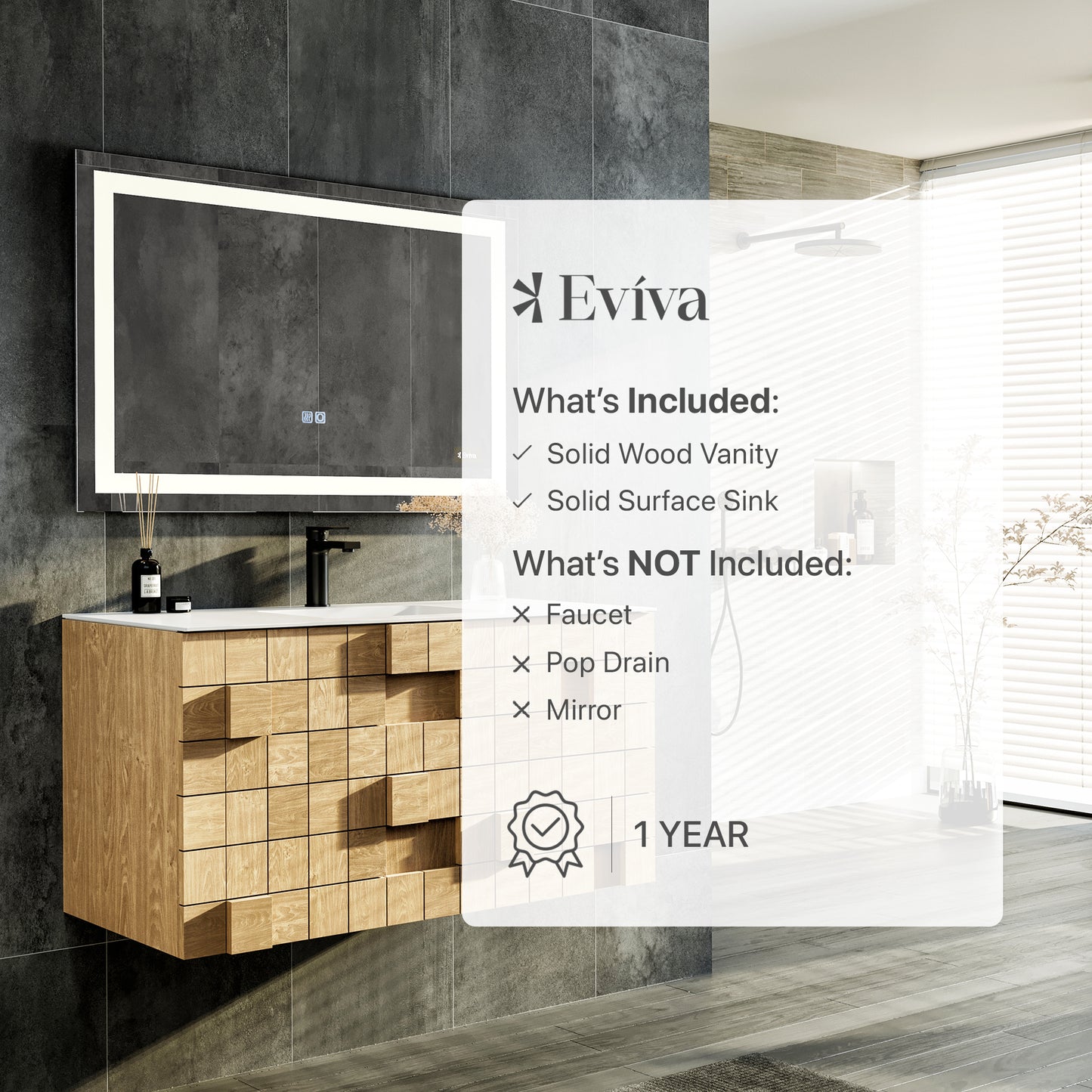 Eviva Mosaic 36" Wall Mounted Oak Bathroom Vanity with White Integrated Solid Surface Countertop