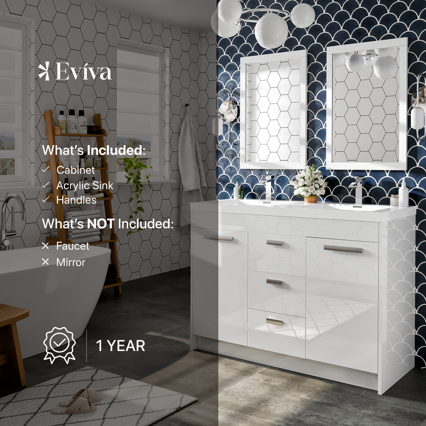 Eviva Lugano 48" White Modern Double Sink Bathroom Vanity w/ White Integrated Top