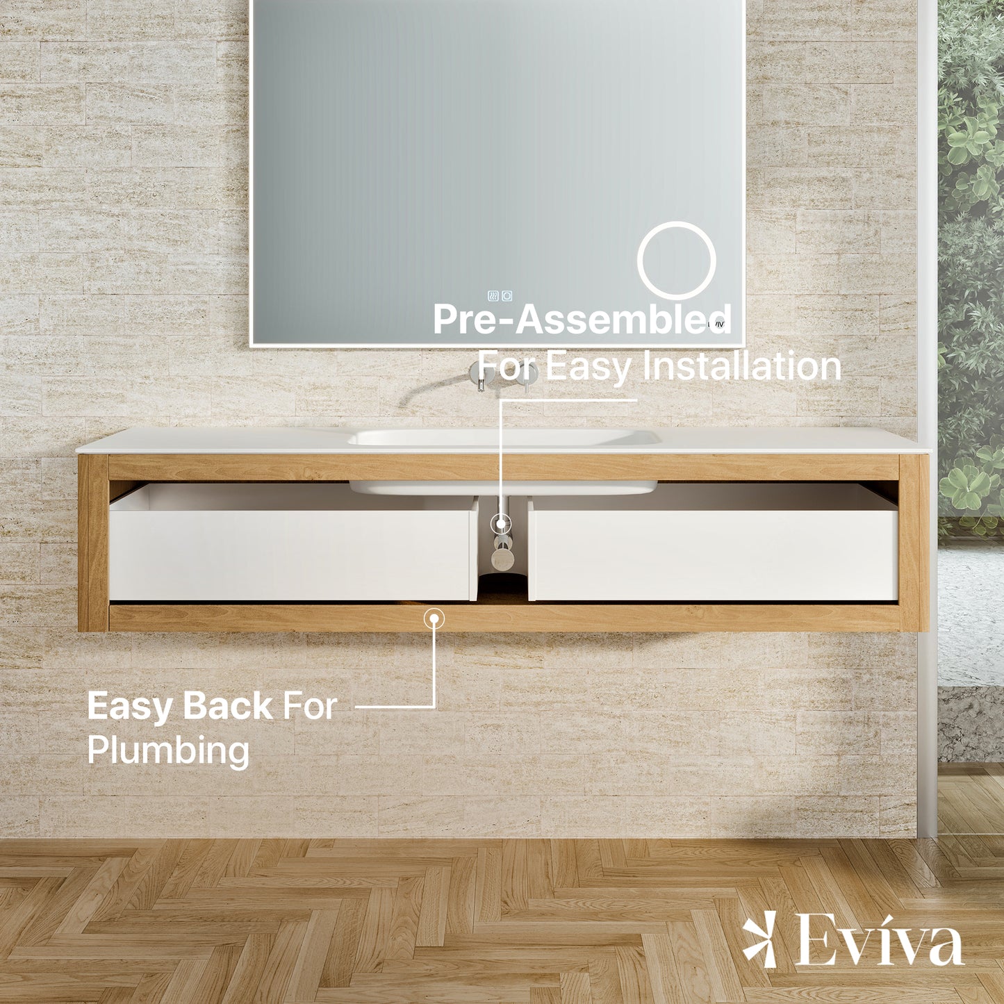 Eviva Oahu 55 Inch Wall Mount Oak Vanity with Solid Surface Integrated Sink