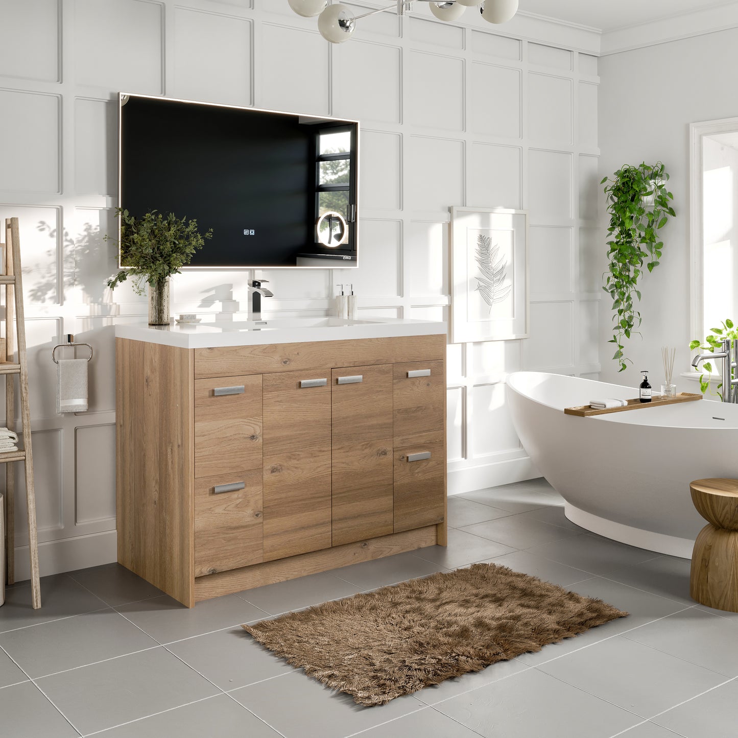 Eviva Lugano 42" Natural Oak Modern Bathroom Vanity w/ White Integrated Top