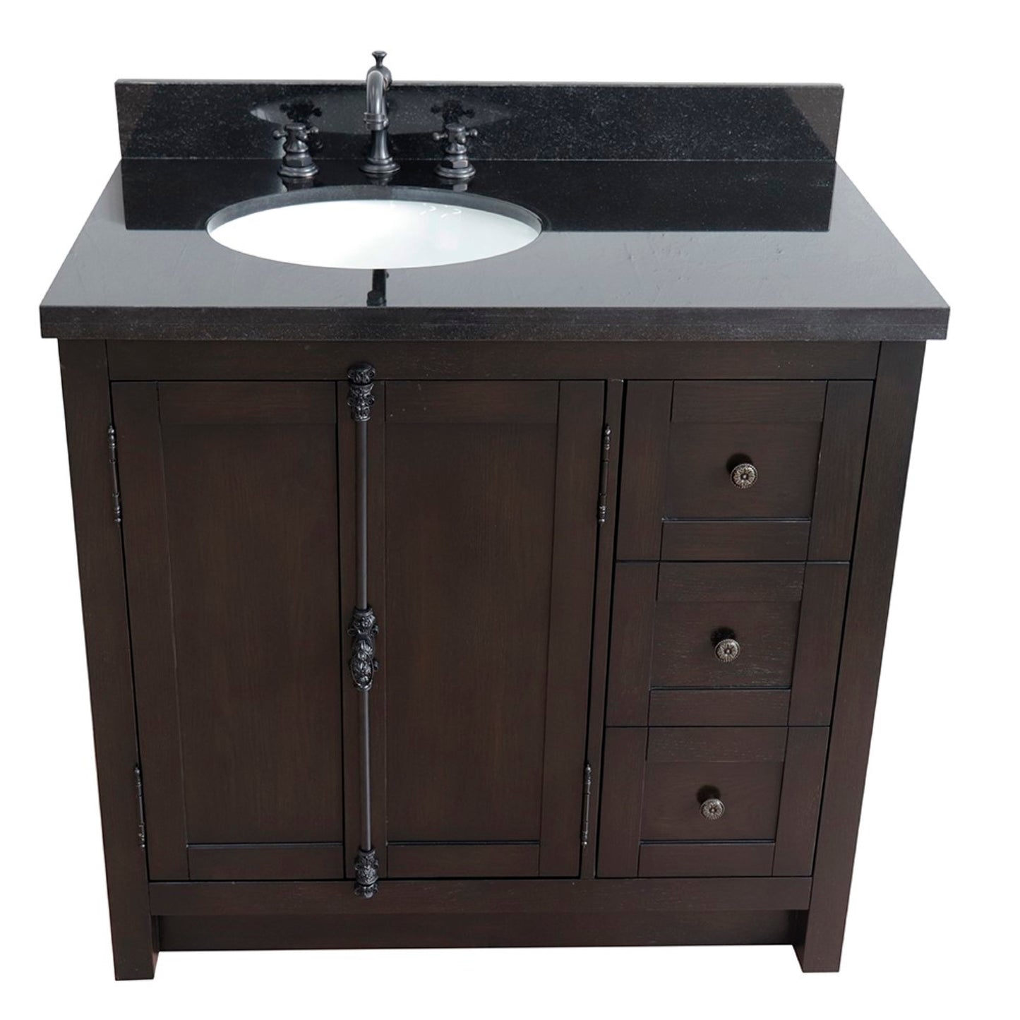 37 in. Single Vanity in Brown Ash Finish with Black Galaxy Top and Oval Sink - Left Doors/Left Sink, Plantation Collection