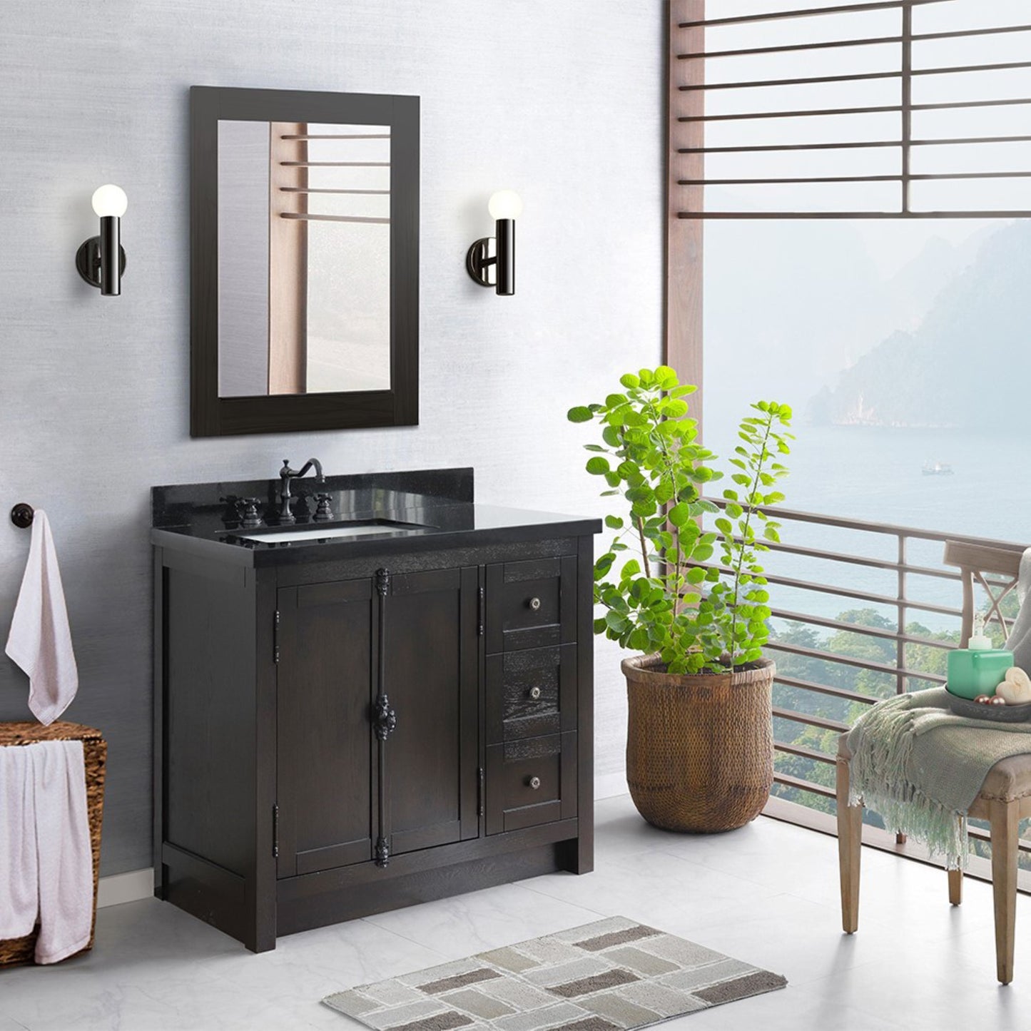 37 in. Single Vanity in Brown Ash Finish with Black Galaxy Top and Rectangle Sink - Left Doors/Left Sink, Plantation Collection