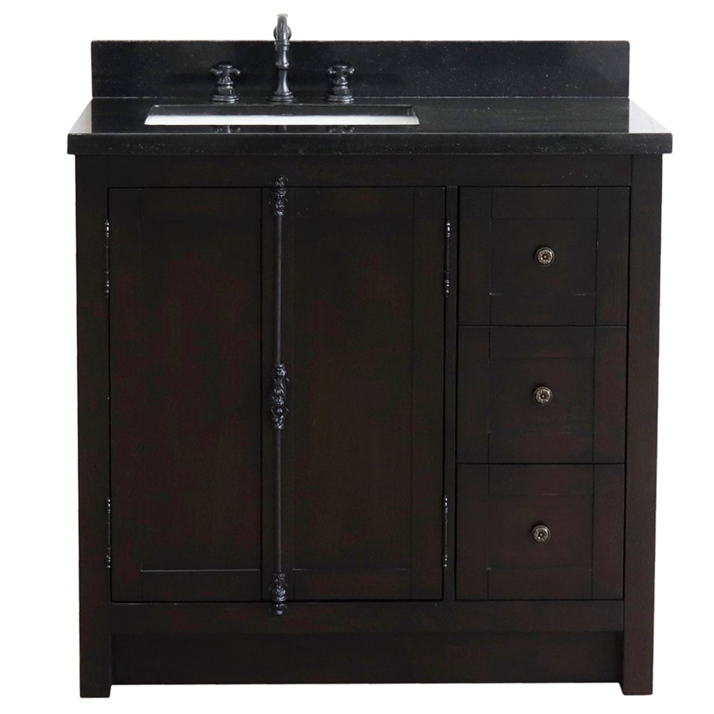 37 in. Single Vanity in Brown Ash Finish with Black Galaxy Top and Rectangle Sink - Left Doors/Left Sink, Plantation Collection