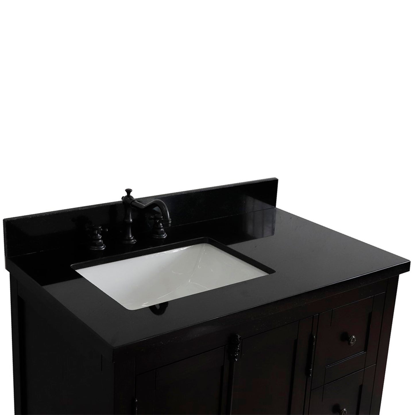 37 in. Single Vanity in Brown Ash Finish with Black Galaxy Top and Rectangle Sink - Left Doors/Left Sink, Plantation Collection