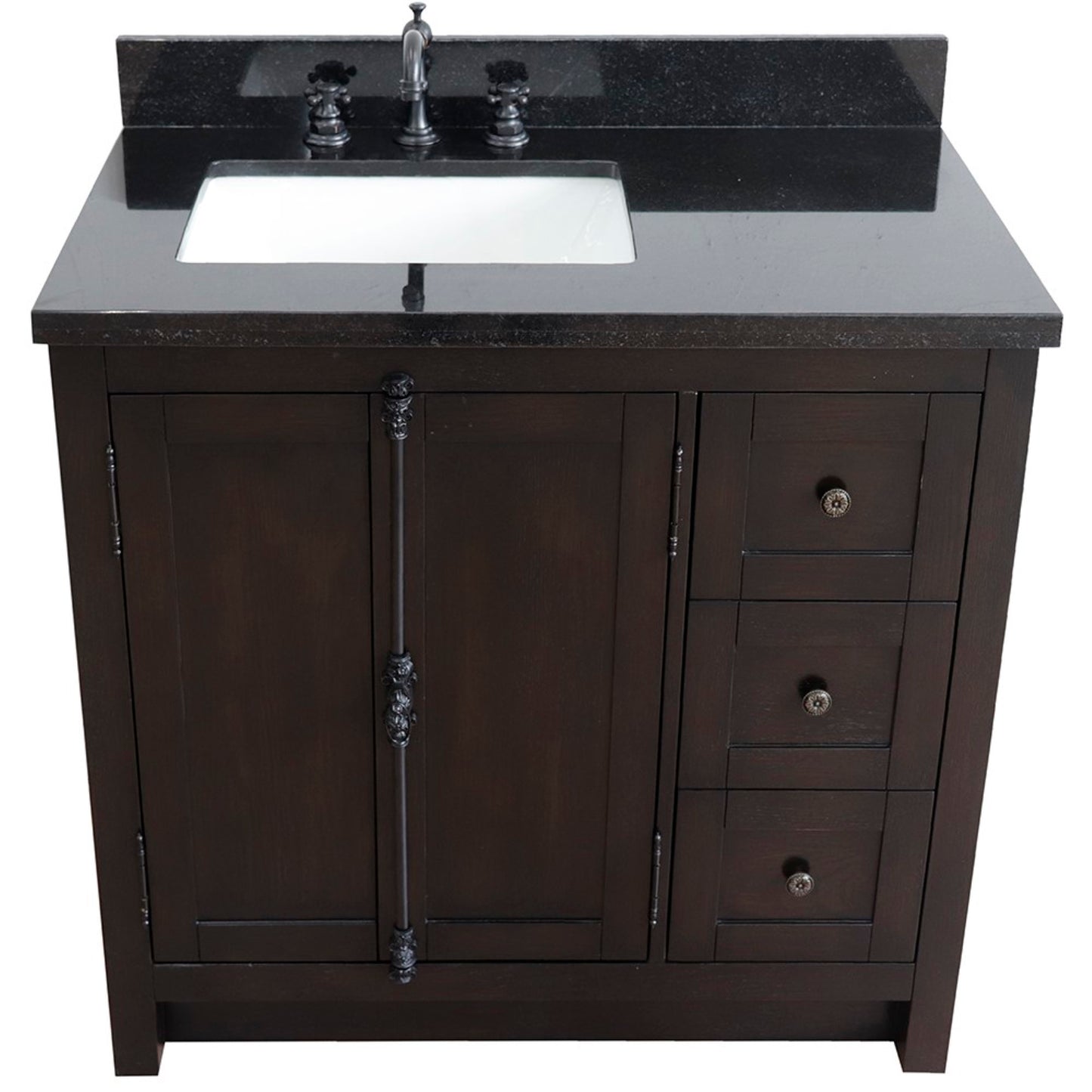 37 in. Single Vanity in Brown Ash Finish with Black Galaxy Top and Rectangle Sink - Left Doors/Left Sink, Plantation Collection