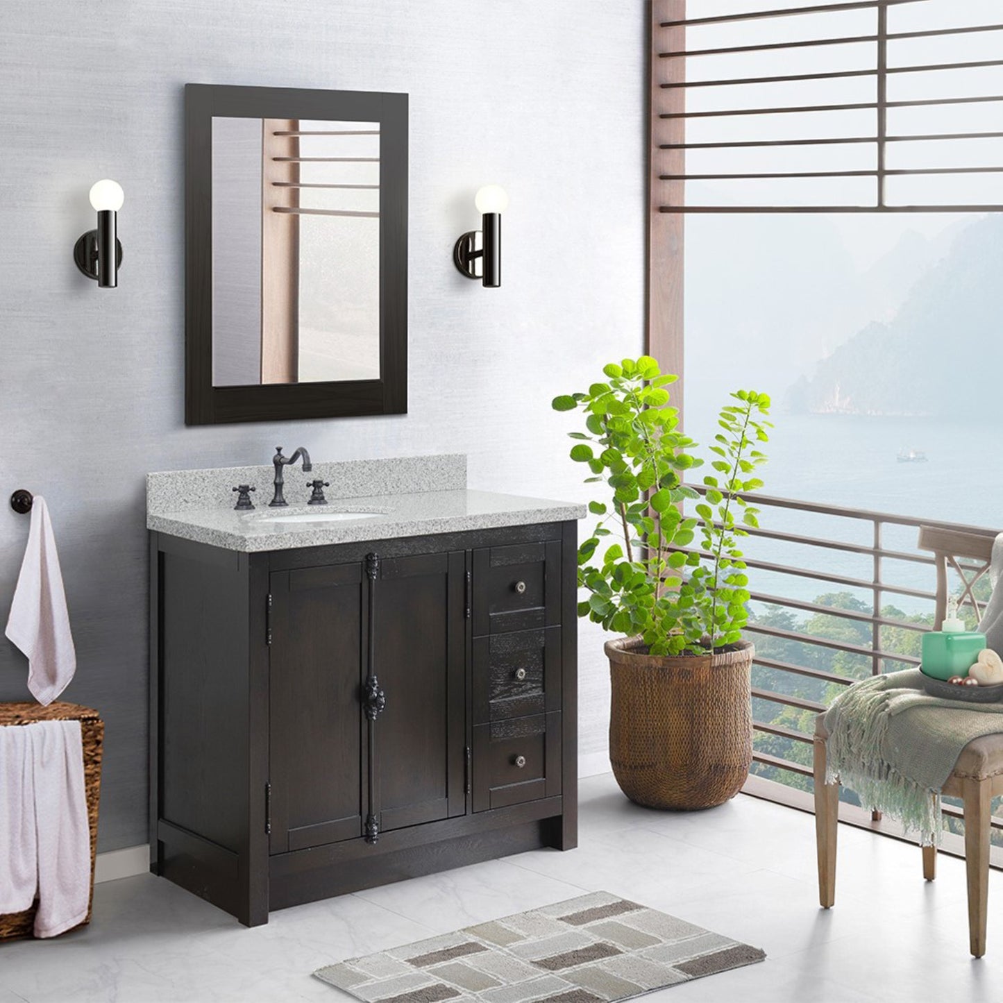 37 in. Single Vanity in Brown Ash Finish with Gray Granite Top and Oval Sink - Left Doors/Left Sink, Plantation Collection