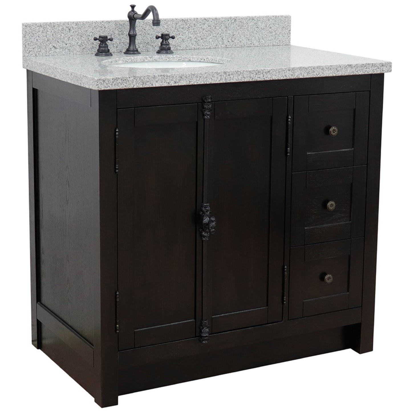 37 in. Single Vanity in Brown Ash Finish with Gray Granite Top and Oval Sink - Left Doors/Left Sink, Plantation Collection