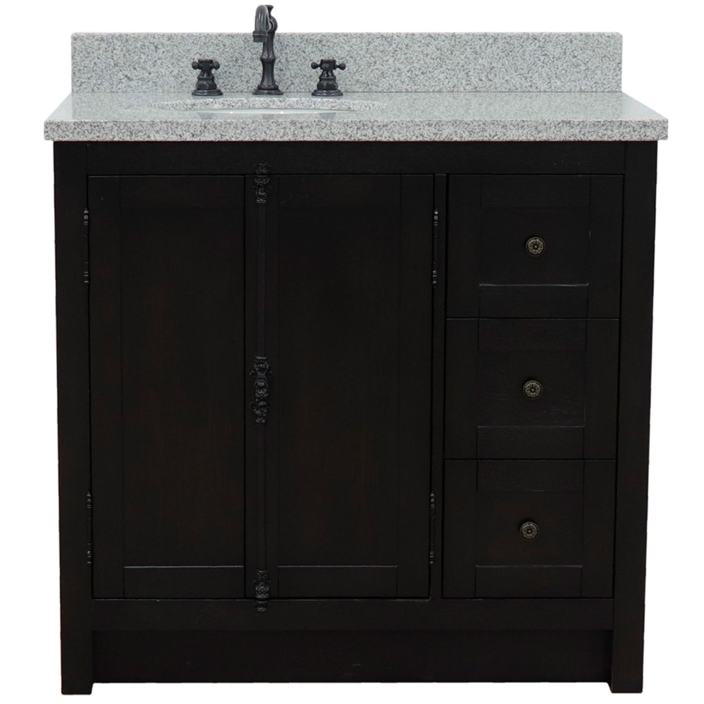 37 in. Single Vanity in Brown Ash Finish with Gray Granite Top and Oval Sink - Left Doors/Left Sink, Plantation Collection