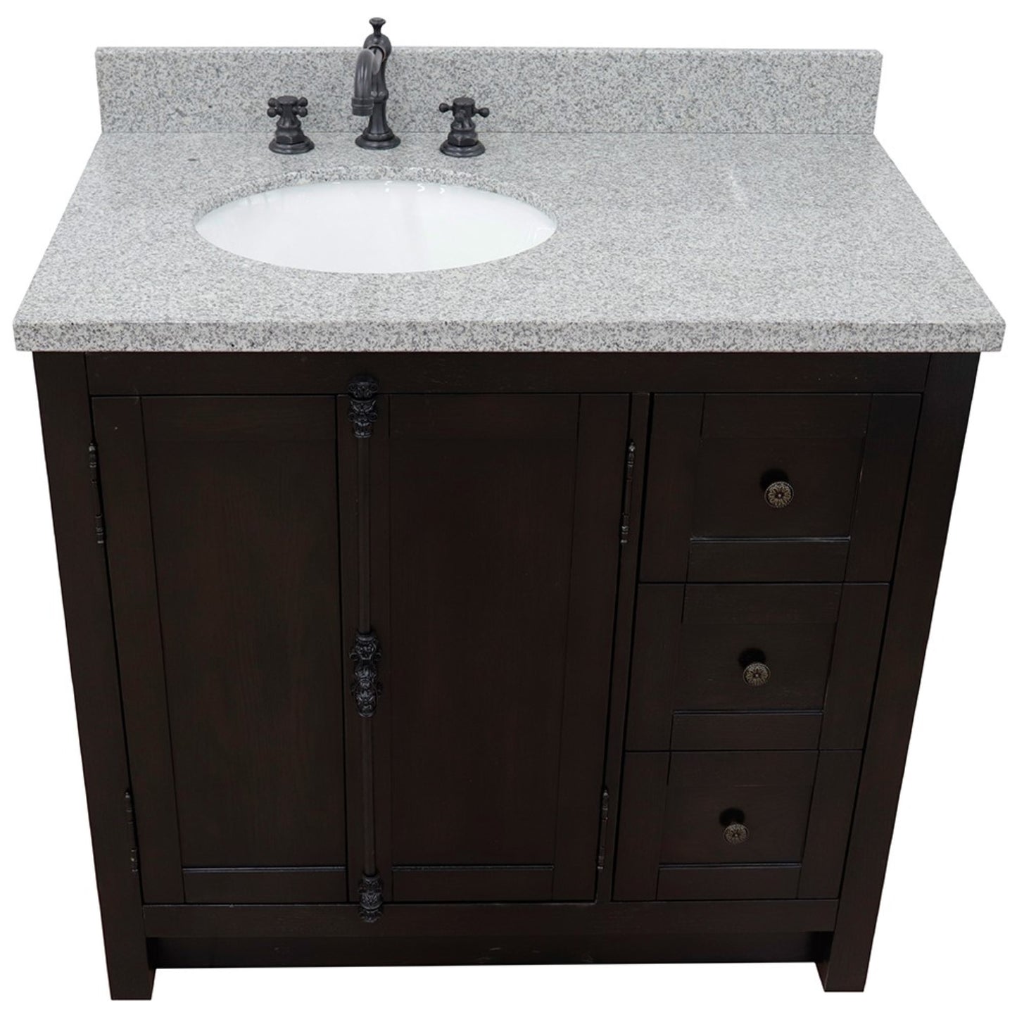 37 in. Single Vanity in Brown Ash Finish with Gray Granite Top and Oval Sink - Left Doors/Left Sink, Plantation Collection