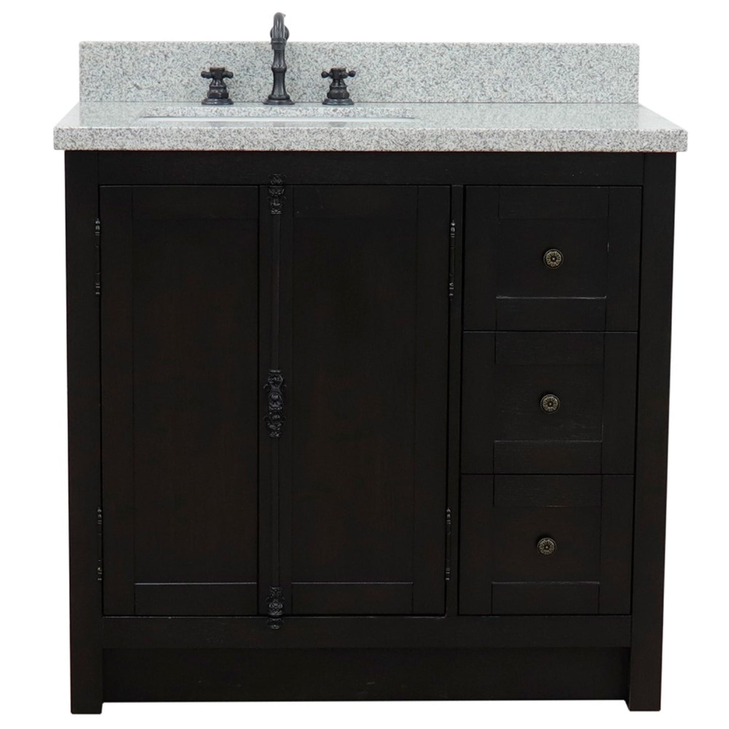 37 in. Single Vanity in Brown Ash Finish with Gray Granite Top and Rectangle Sink - Left Doors/Left Sink, Plantation Collection