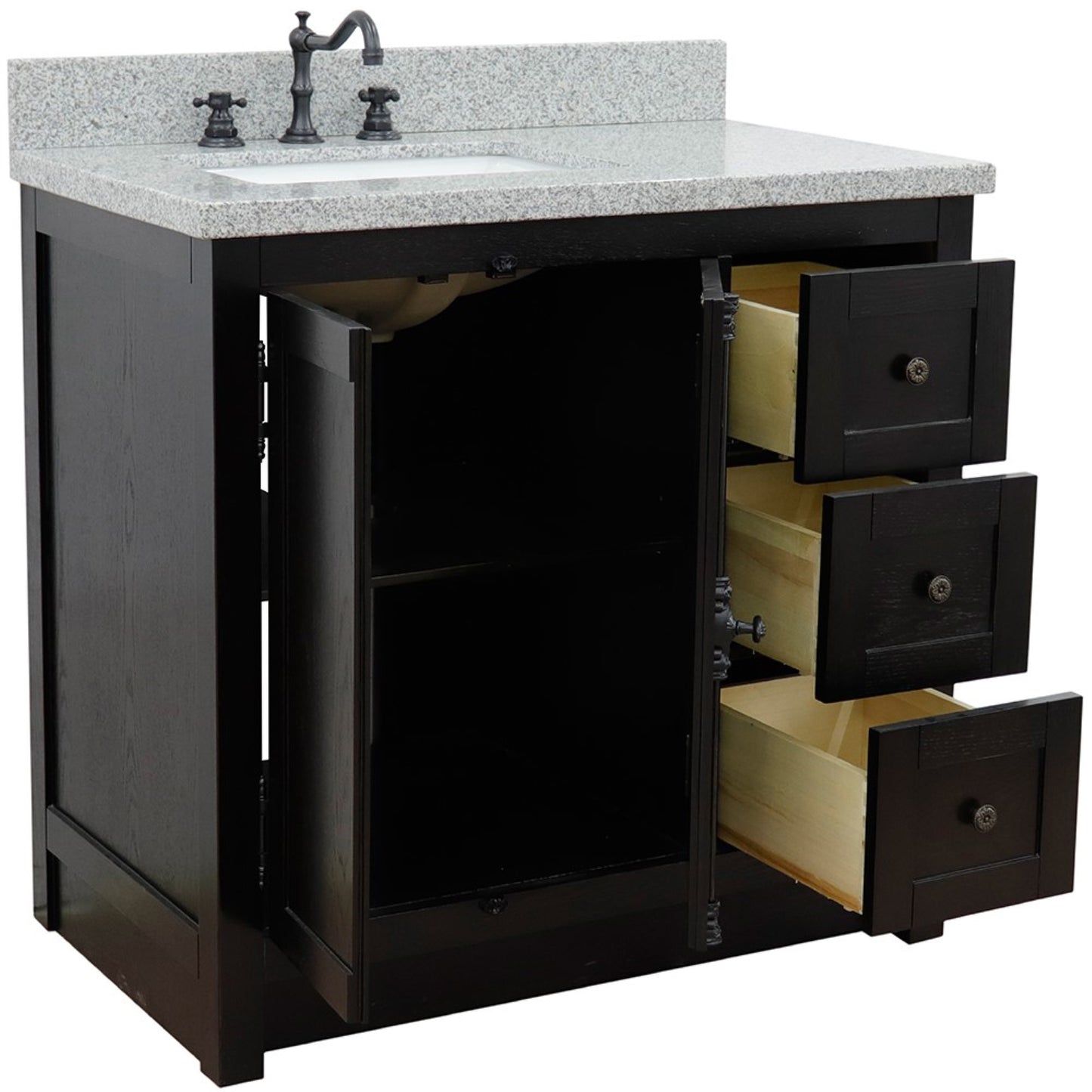 37 in. Single Vanity in Brown Ash Finish with Gray Granite Top and Rectangle Sink - Left Doors/Left Sink, Plantation Collection