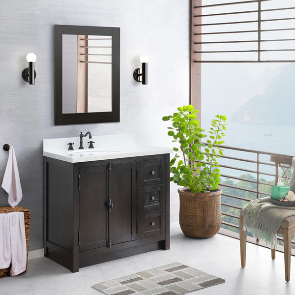 37 in. Single Vanity in Brown Ash Finish with White Quartz Top and Oval Sink - Left Doors/Left Sink, Plantation Collection