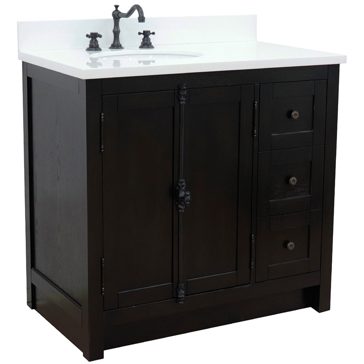 37 in. Single Vanity in Brown Ash Finish with White Quartz Top and Oval Sink - Left Doors/Left Sink, Plantation Collection