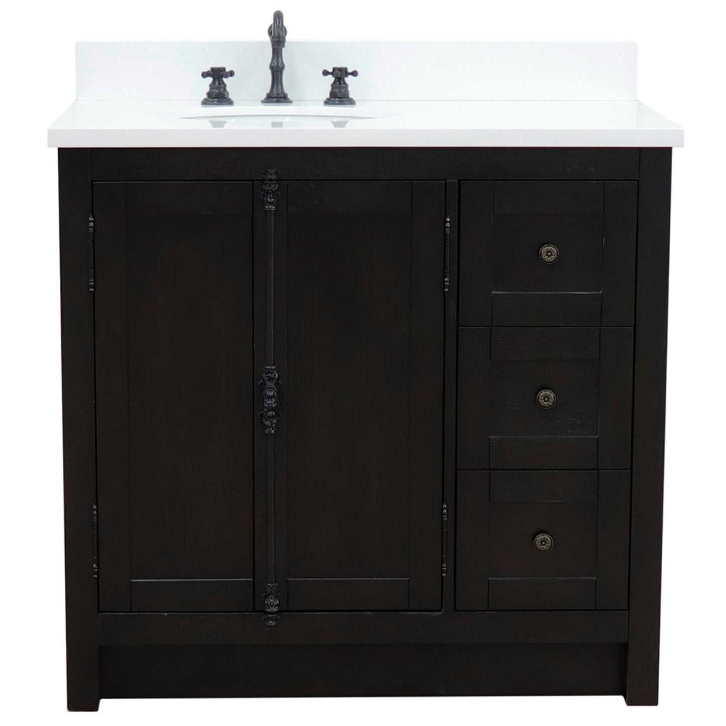 37 in. Single Vanity in Brown Ash Finish with White Quartz Top and Oval Sink - Left Doors/Left Sink, Plantation Collection