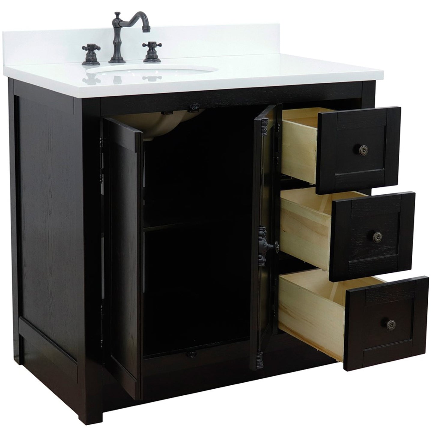 37 in. Single Vanity in Brown Ash Finish with White Quartz Top and Oval Sink - Left Doors/Left Sink, Plantation Collection