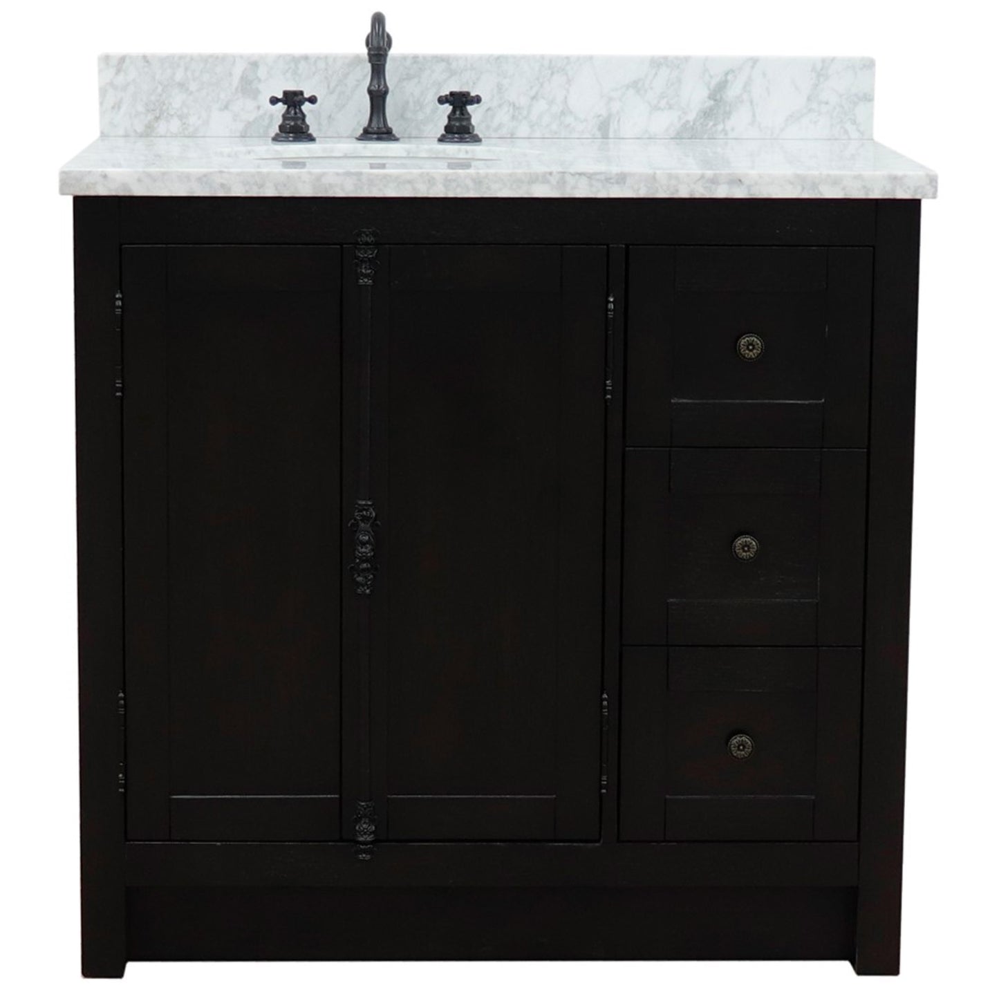 37 in. Single Vanity in Brown Ash Finish with White Carrara Top and Oval Sink - Left Doors/Left Sink, Plantation Collection