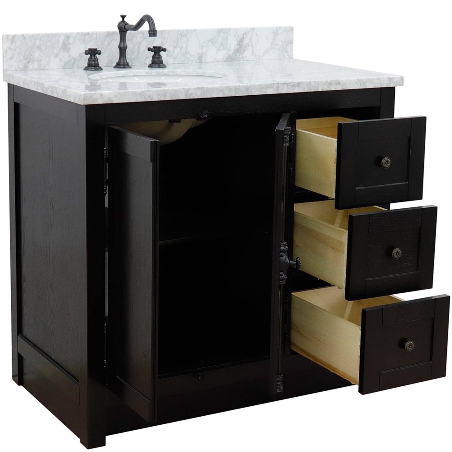 37 in. Single Vanity in Brown Ash Finish with White Carrara Top and Oval Sink - Left Doors/Left Sink, Plantation Collection