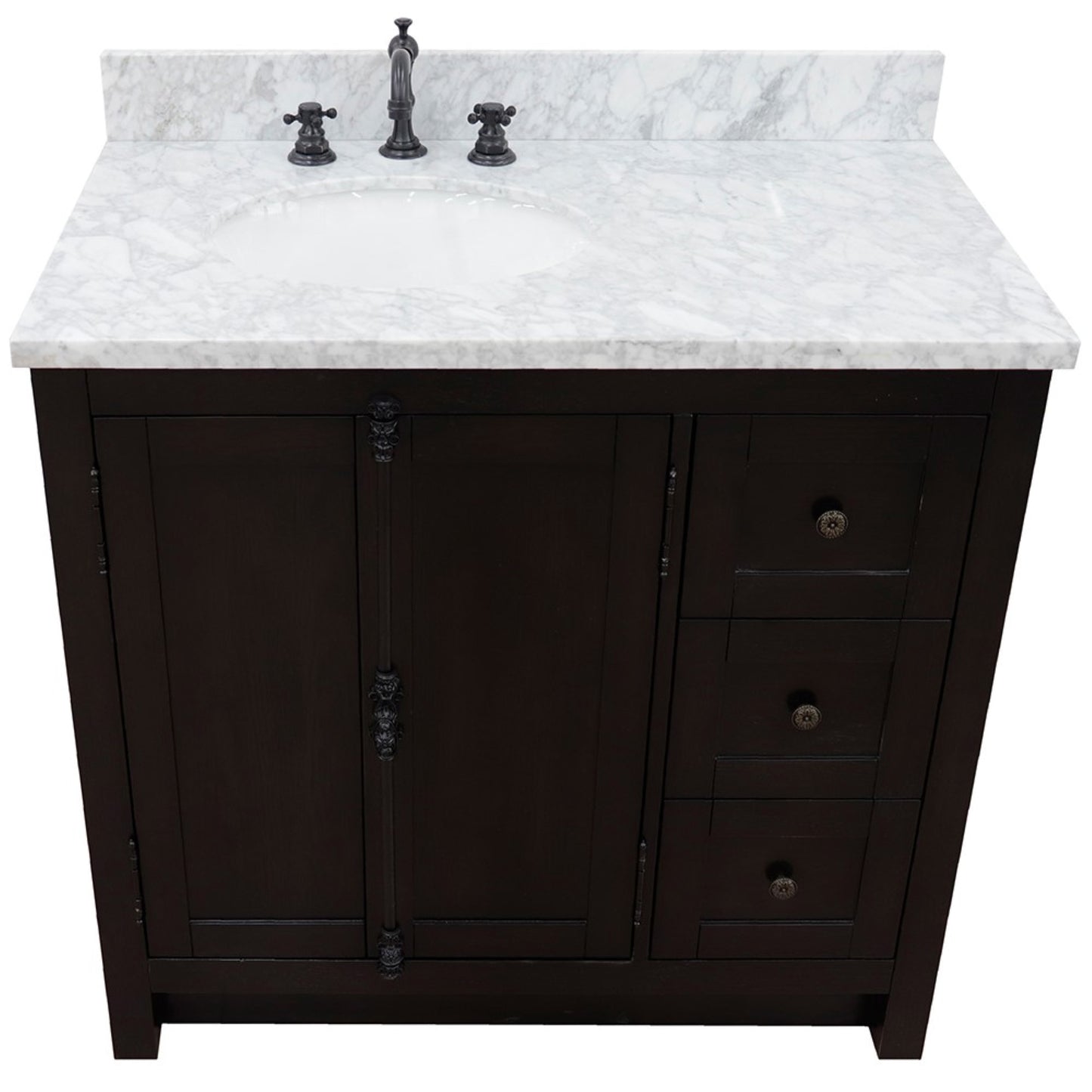 37 in. Single Vanity in Brown Ash Finish with White Carrara Top and Oval Sink - Left Doors/Left Sink, Plantation Collection