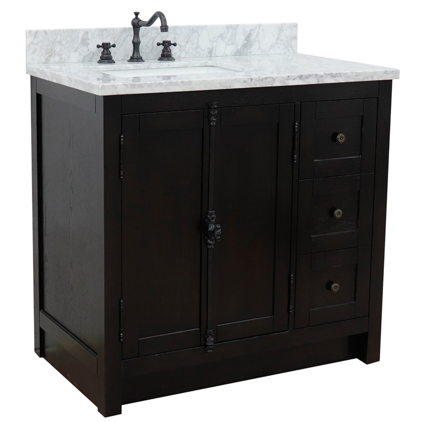 37 in. Single Vanity in Brown Ash Finish with White Carrara Top and Rectangle Sink - Left Doors/Left Sink, Plantation Collection