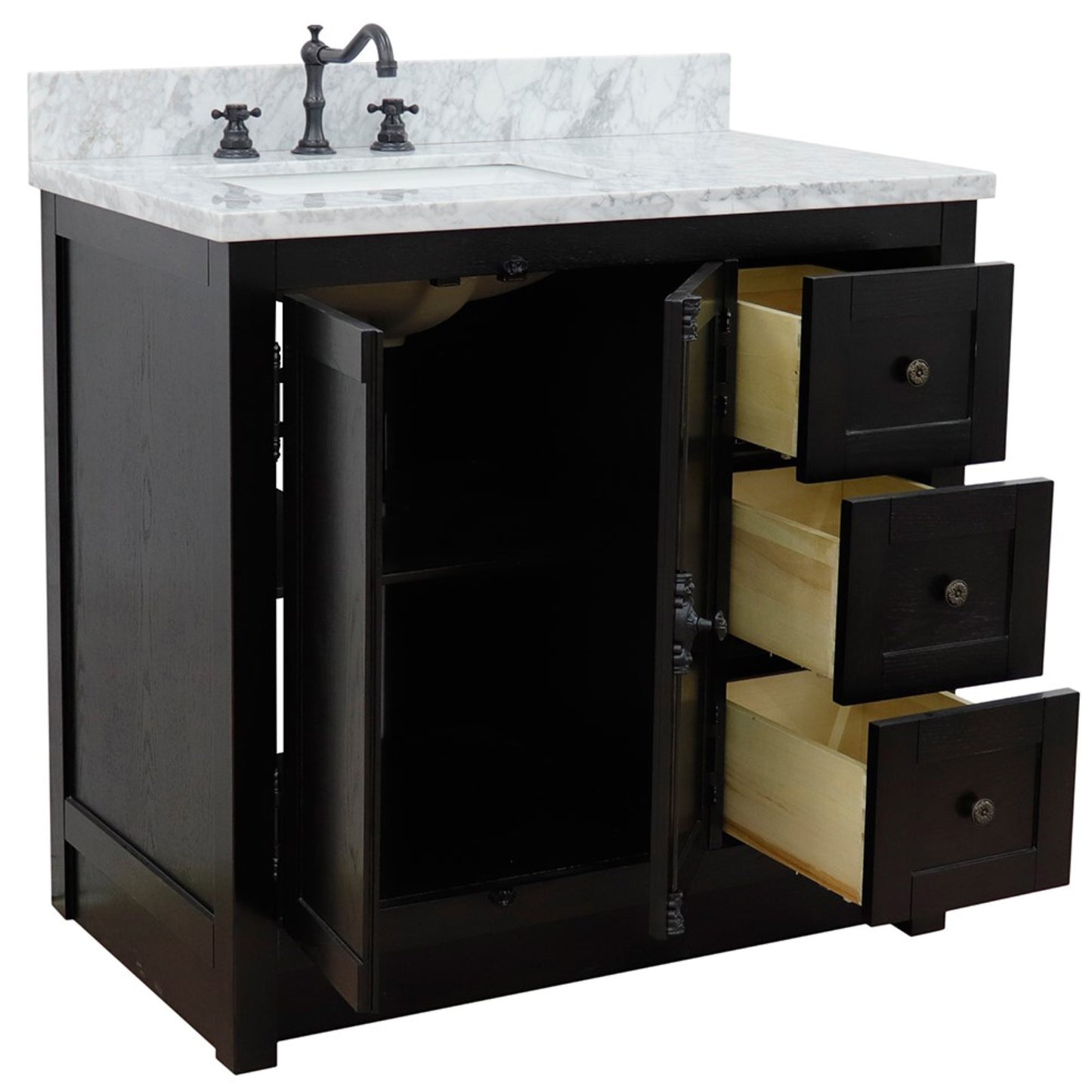 37 in. Single Vanity in Brown Ash Finish with White Carrara Top and Rectangle Sink - Left Doors/Left Sink, Plantation Collection