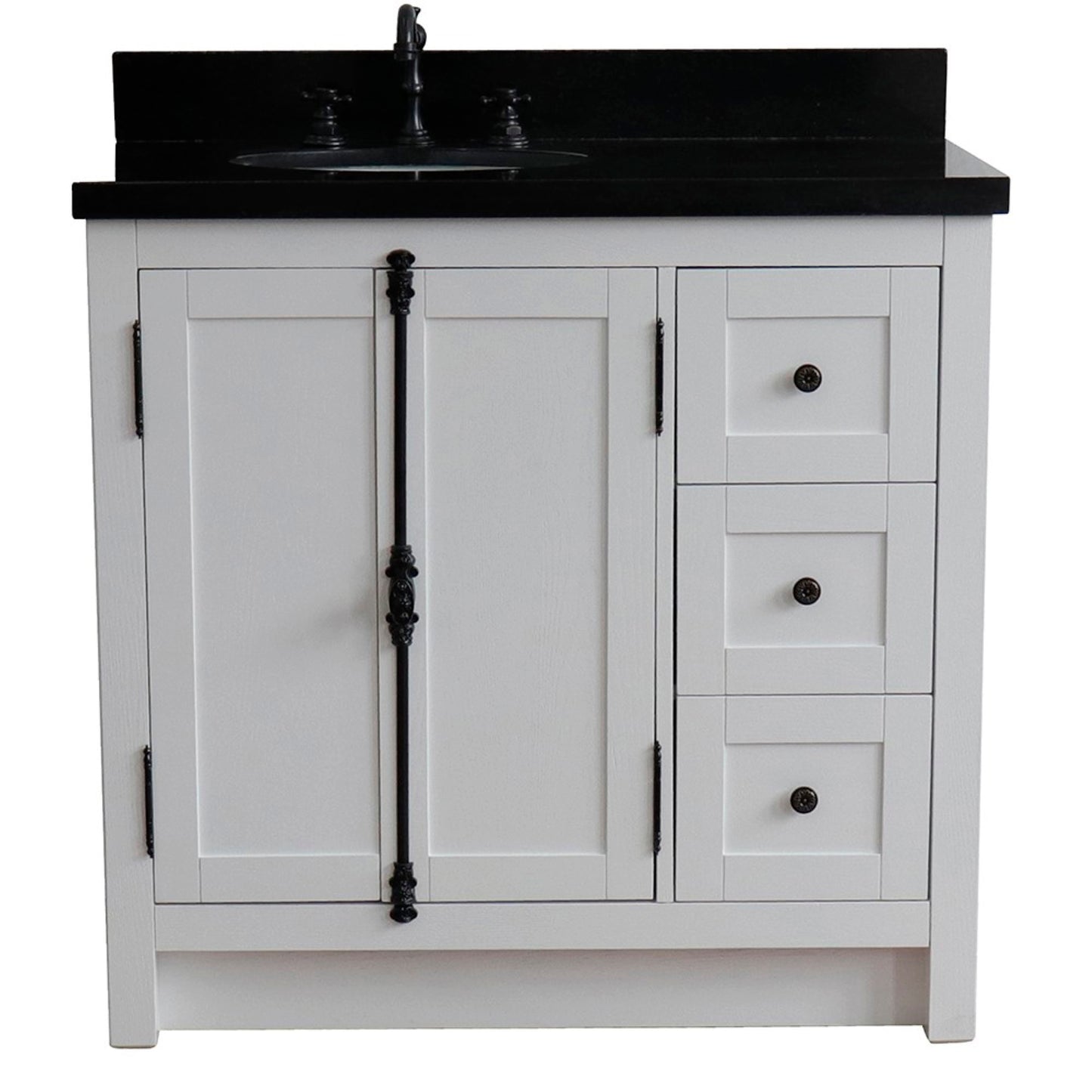 37 in. Single Vanity in Glacier Ash Finish Finish with Black Galaxy Top and Oval Sink - Left Doors/Left Sink, Plantation Collection