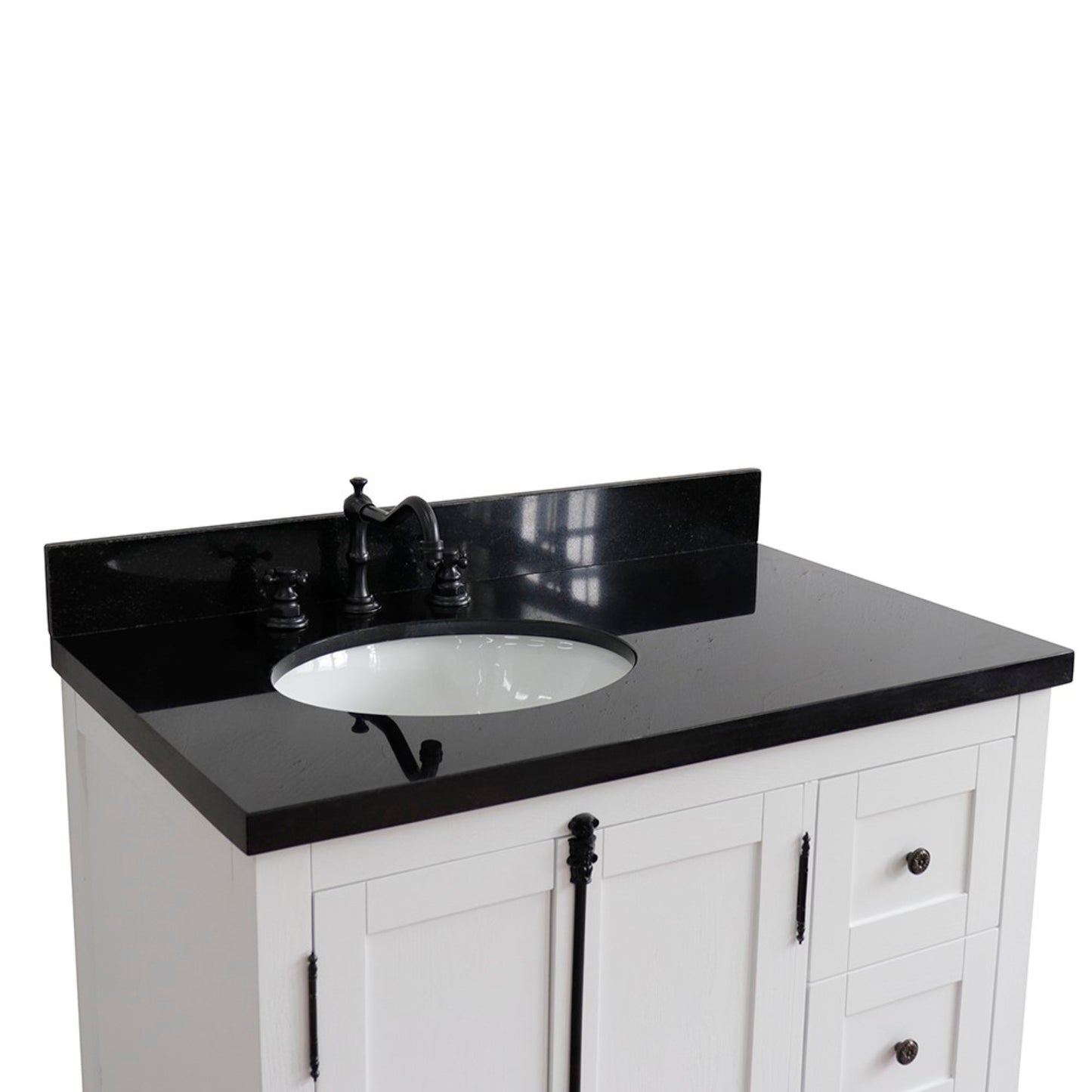 37 in. Single Vanity in Glacier Ash Finish Finish with Black Galaxy Top and Oval Sink - Left Doors/Left Sink, Plantation Collection