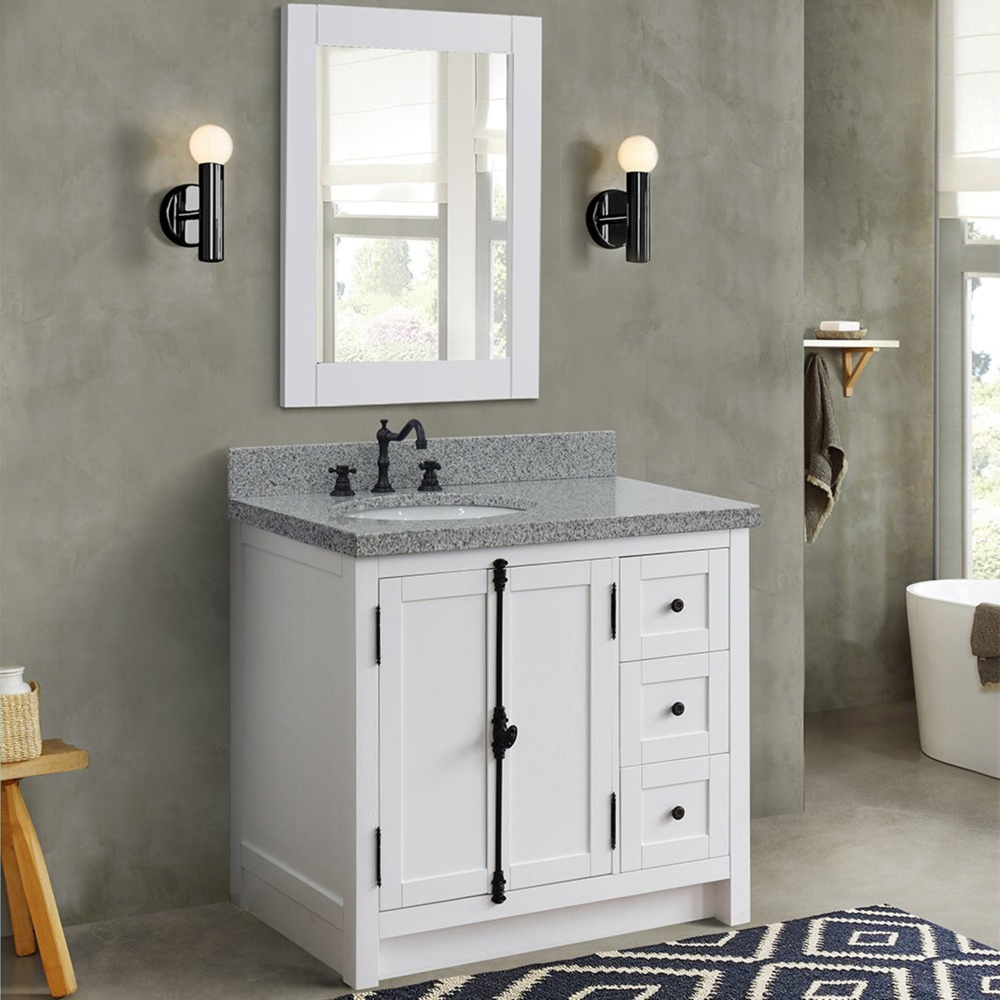 37 in. Single Vanity in Glacier Ash Finish Finish with Gray Granite Top and Oval Sink - Left Doors/Left Sink, Plantation Collection