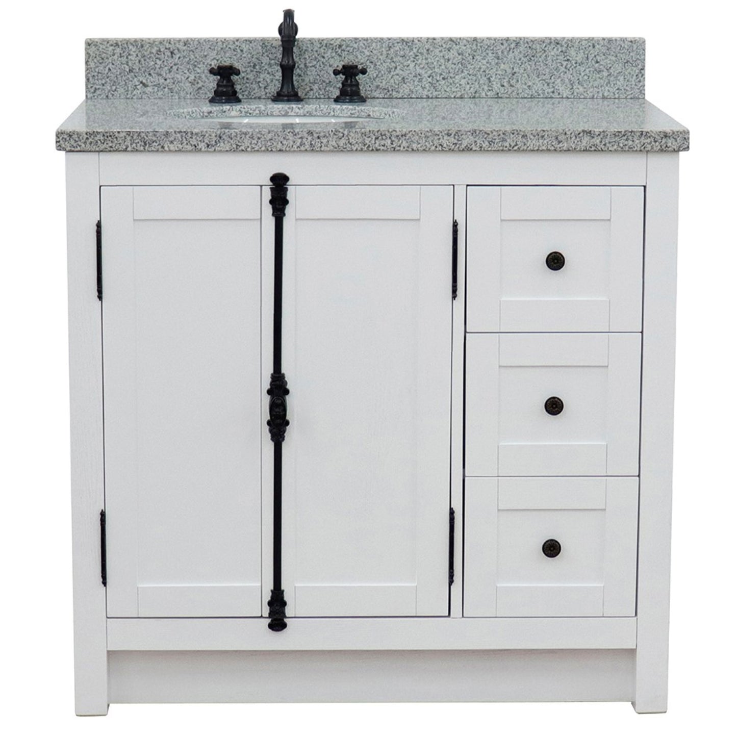 37 in. Single Vanity in Glacier Ash Finish Finish with Gray Granite Top and Oval Sink - Left Doors/Left Sink, Plantation Collection