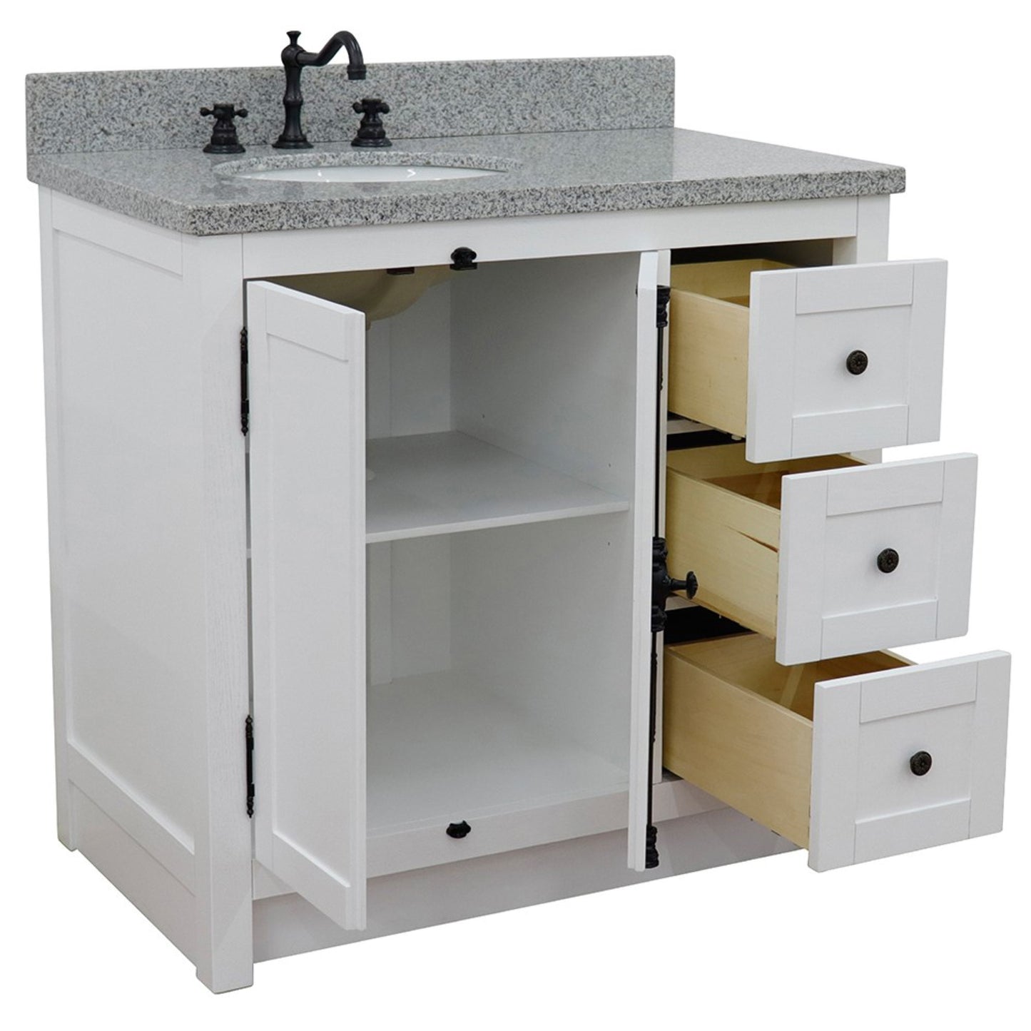 37 in. Single Vanity in Glacier Ash Finish Finish with Gray Granite Top and Oval Sink - Left Doors/Left Sink, Plantation Collection