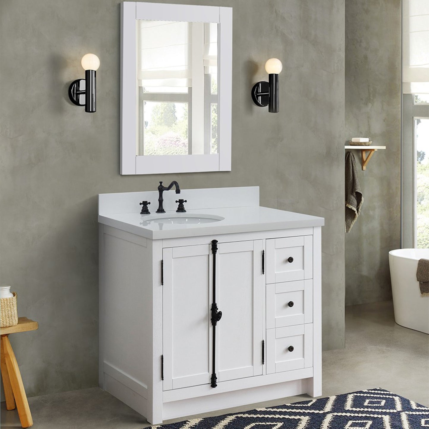 37 in. Single Vanity in Glacier Ash Finish Finish with White Quartz Top and Oval Sink - Left Doors/Left Sink, Plantation Collection