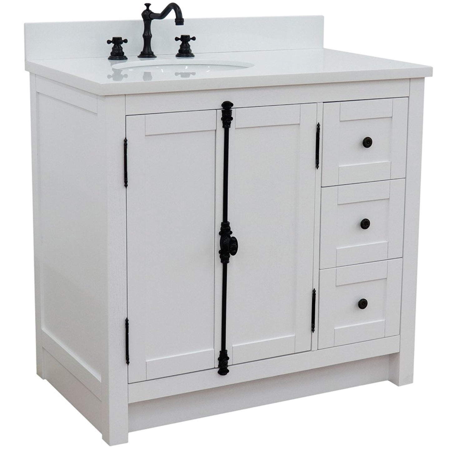 37 in. Single Vanity in Glacier Ash Finish Finish with White Quartz Top and Oval Sink - Left Doors/Left Sink, Plantation Collection