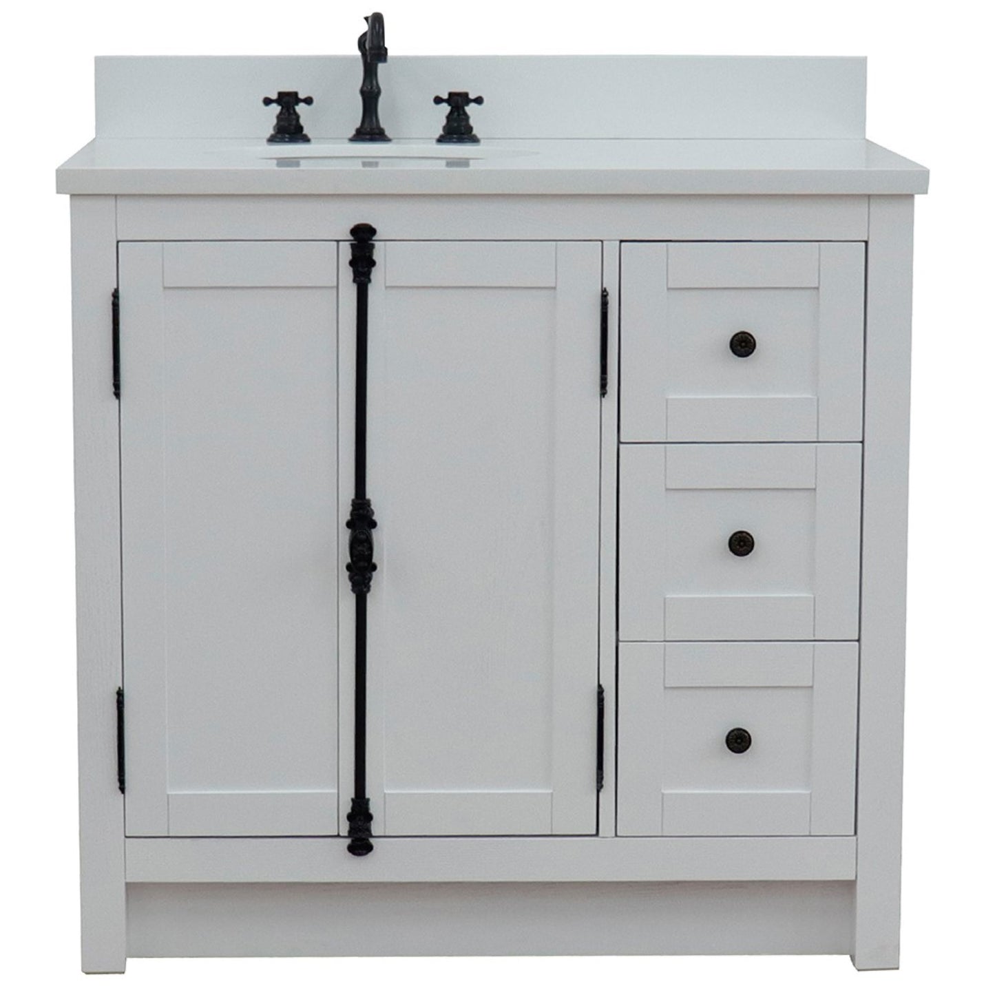 37 in. Single Vanity in Glacier Ash Finish Finish with White Quartz Top and Oval Sink - Left Doors/Left Sink, Plantation Collection