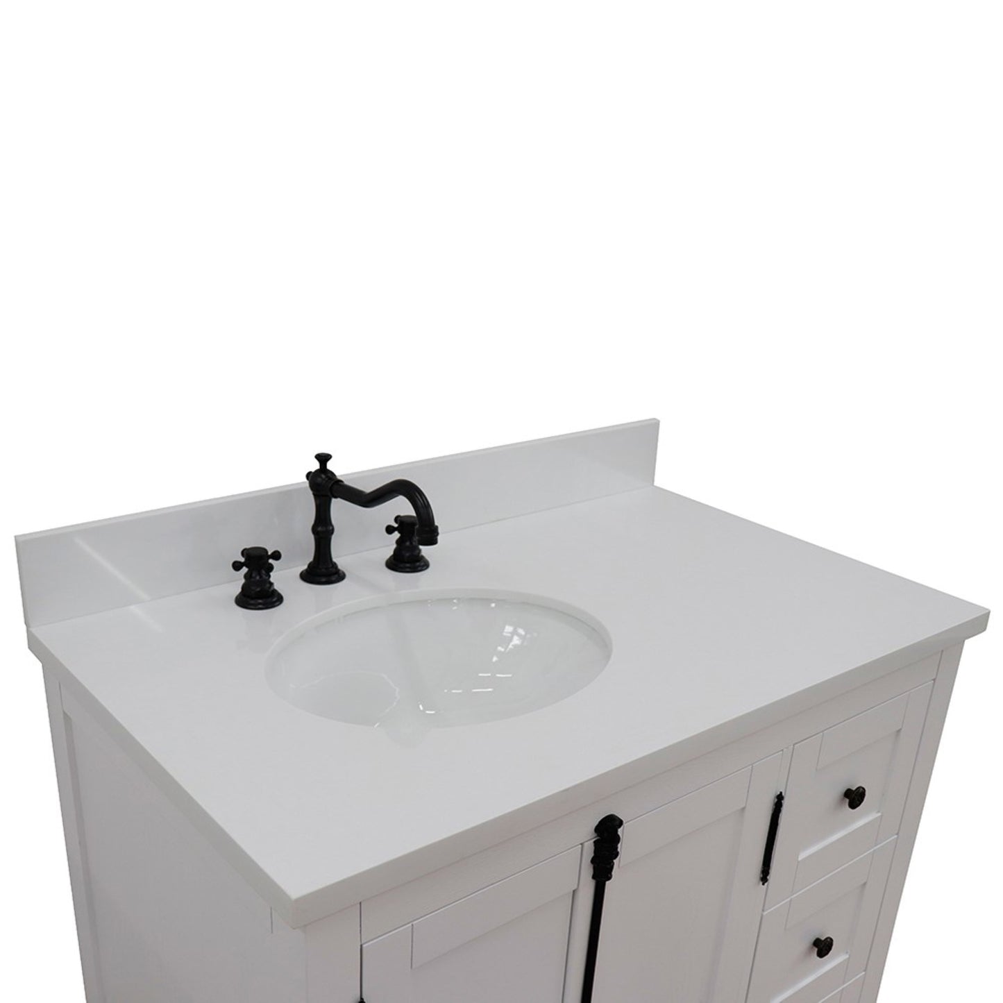 37 in. Single Vanity in Glacier Ash Finish Finish with White Quartz Top and Oval Sink - Left Doors/Left Sink, Plantation Collection