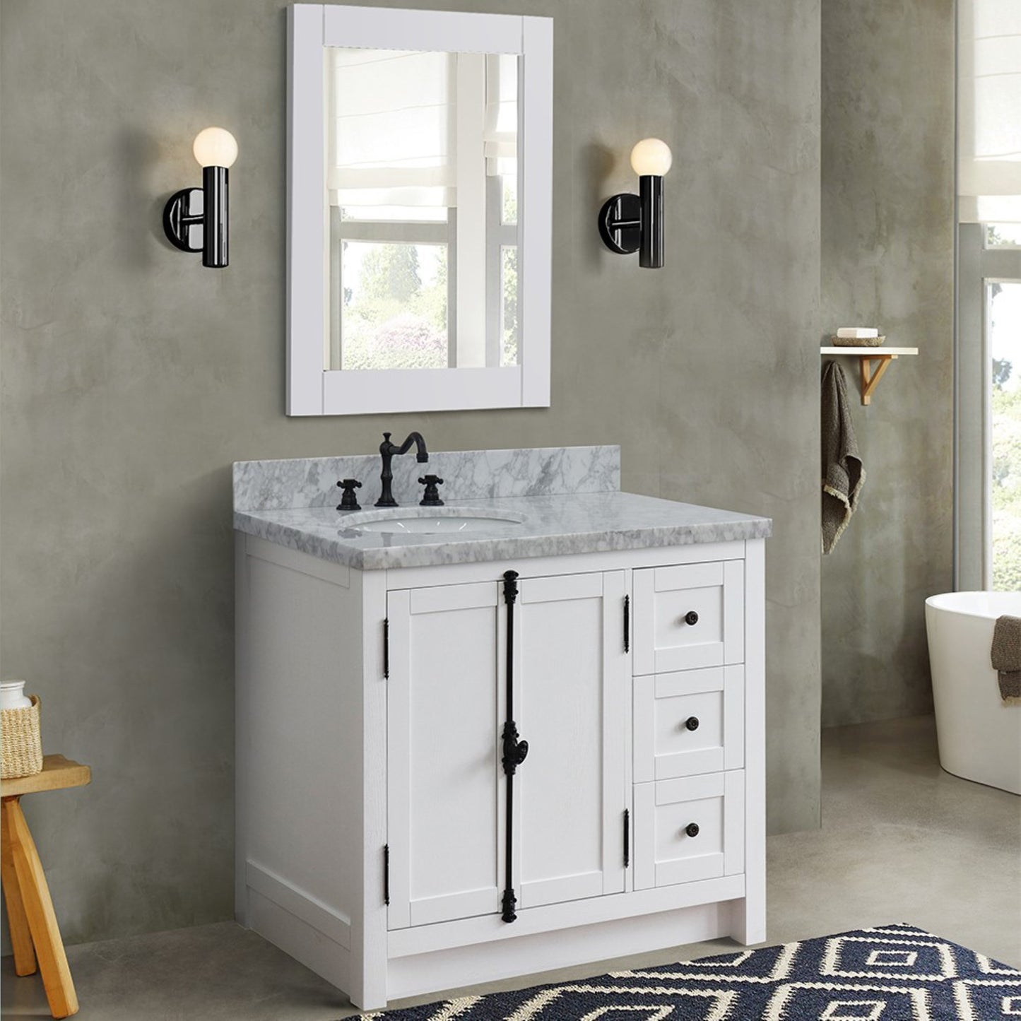 37 in. Single Vanity in Glacier Ash Finish Finish with White Carrara Top and Oval Sink - Left Doors/Left Sink, Plantation Collection