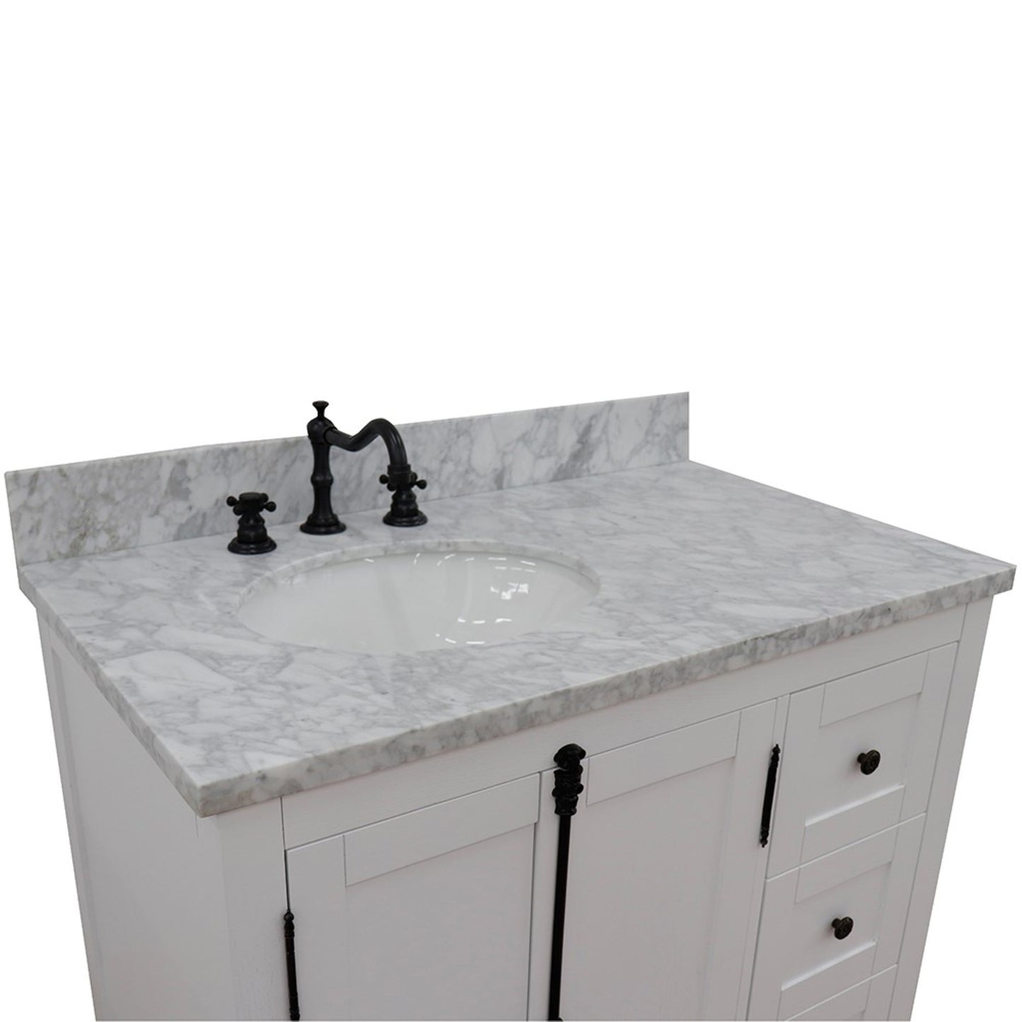 37 in. Single Vanity in Glacier Ash Finish Finish with White Carrara Top and Oval Sink - Left Doors/Left Sink, Plantation Collection