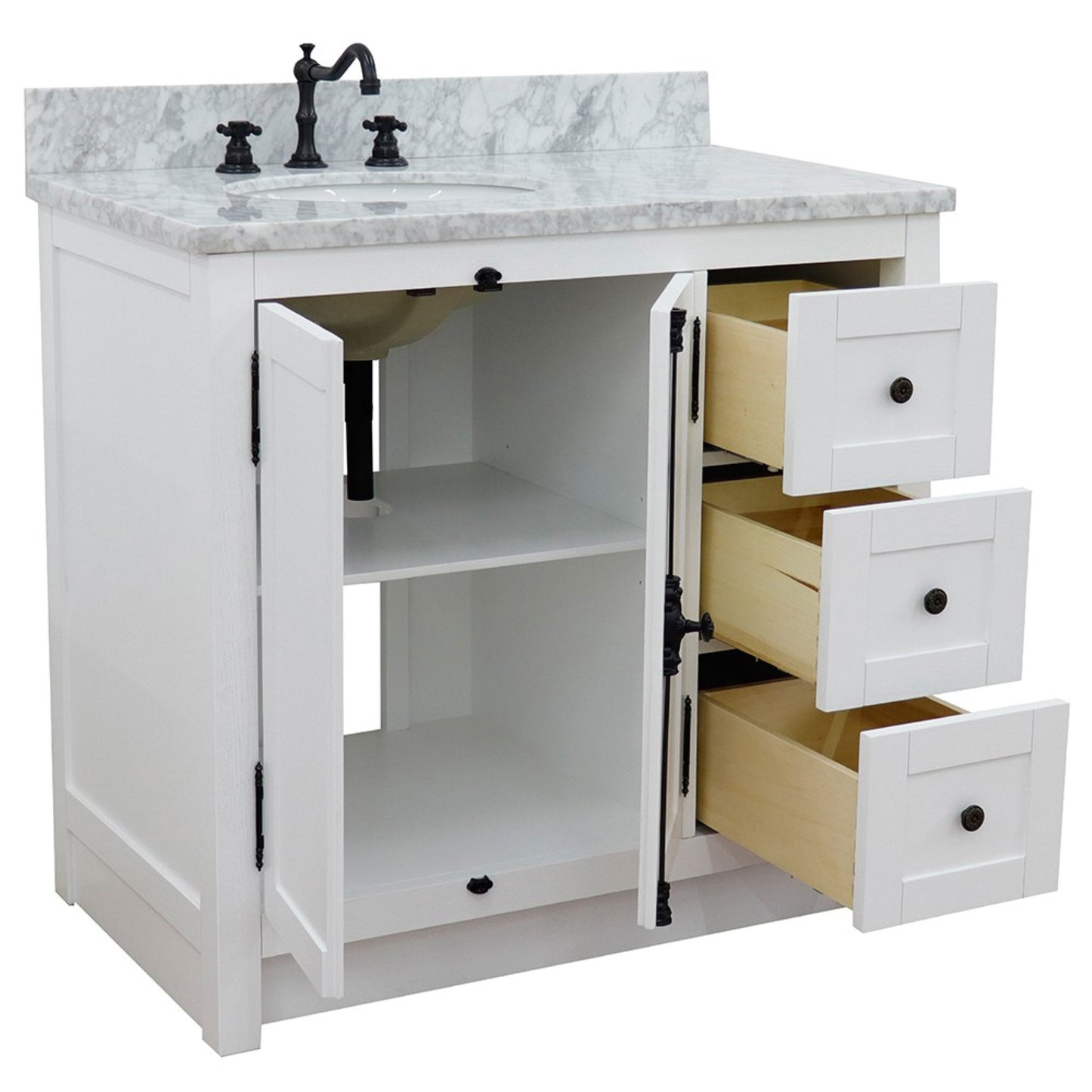 37 in. Single Vanity in Glacier Ash Finish Finish with White Carrara Top and Oval Sink - Left Doors/Left Sink, Plantation Collection