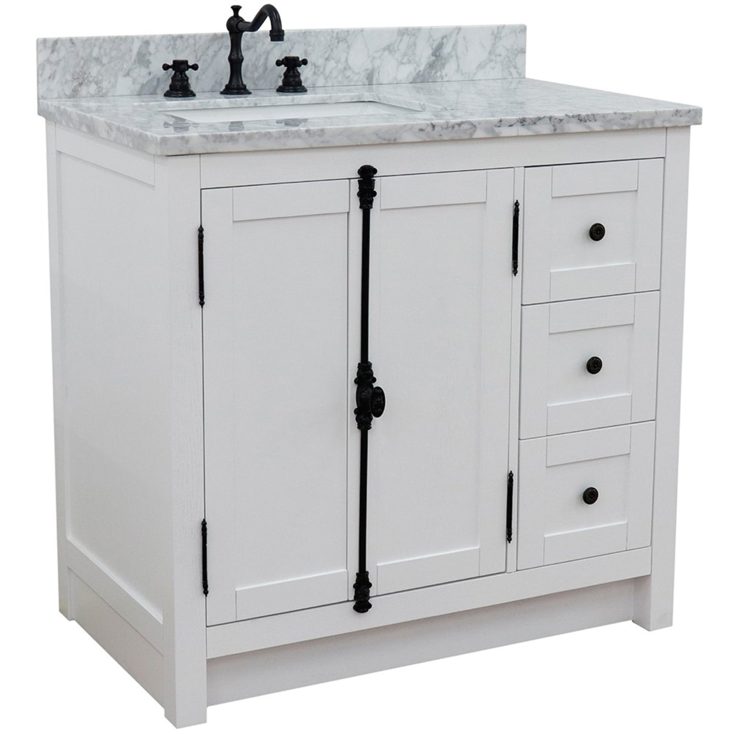 37 in. Single Vanity in Glacier Ash Finish Finish with White Carrara Top and Rectangle Sink - Left Doors/Left Sink, Plantation Collection