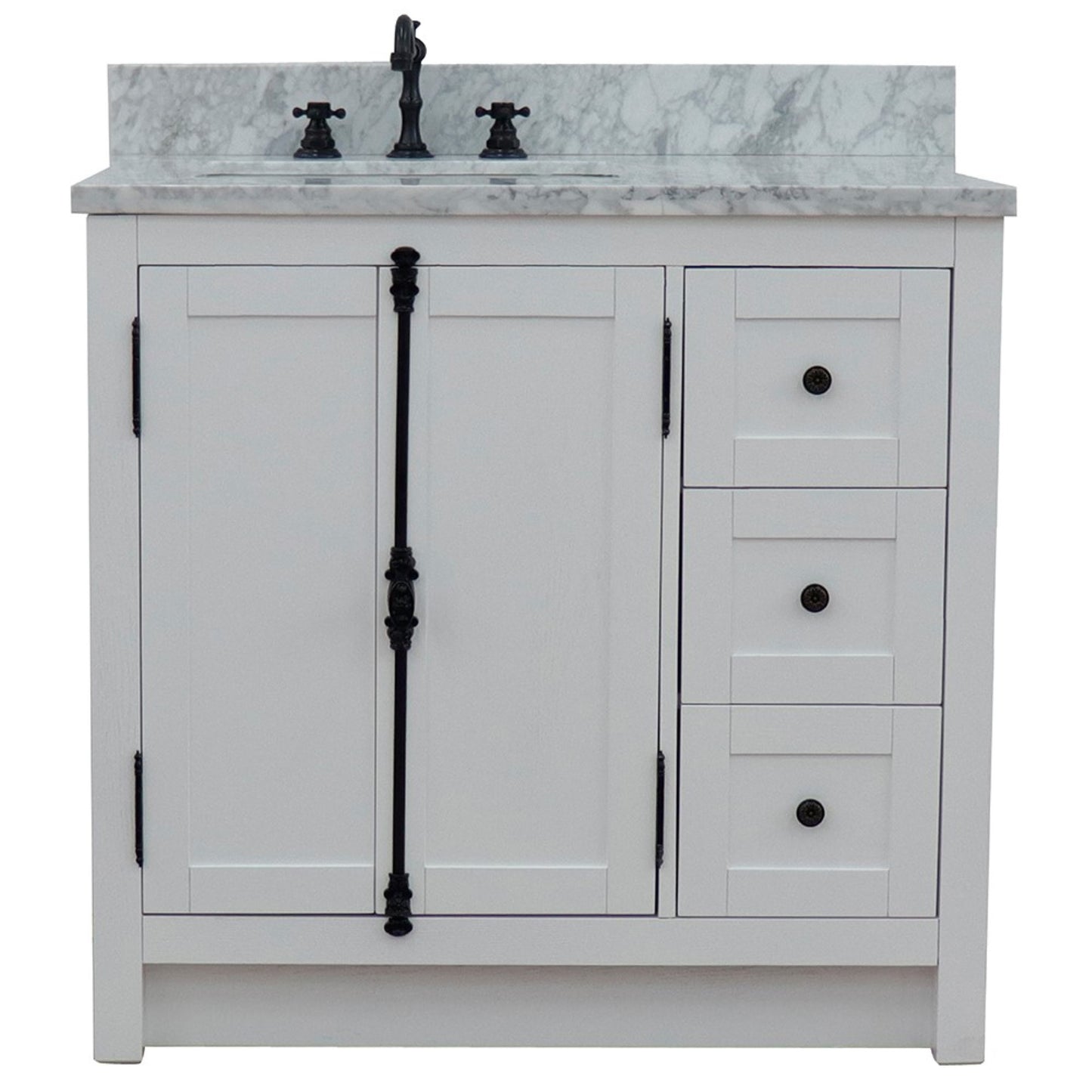 37 in. Single Vanity in Glacier Ash Finish Finish with White Carrara Top and Rectangle Sink - Left Doors/Left Sink, Plantation Collection