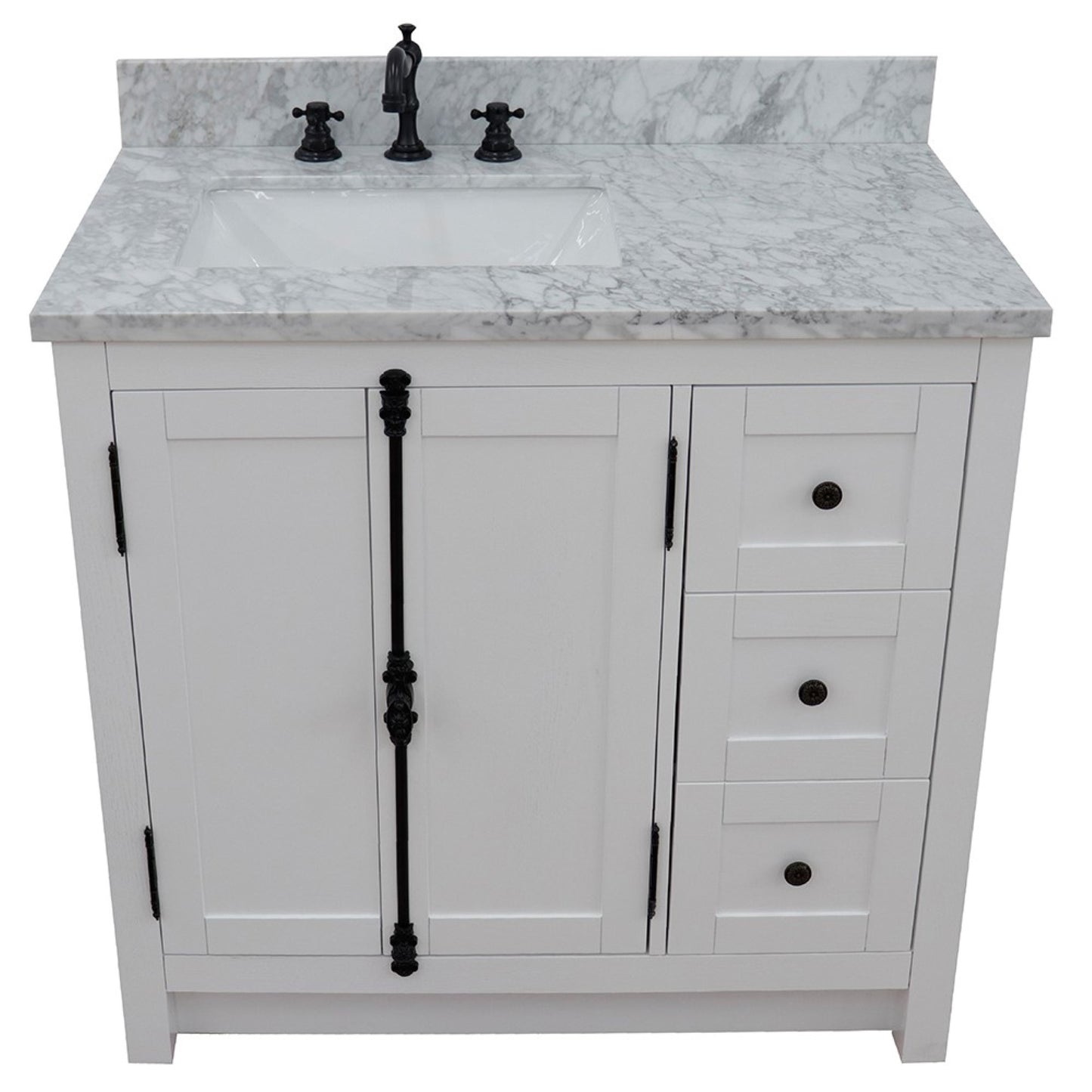 37 in. Single Vanity in Glacier Ash Finish Finish with White Carrara Top and Rectangle Sink - Left Doors/Left Sink, Plantation Collection