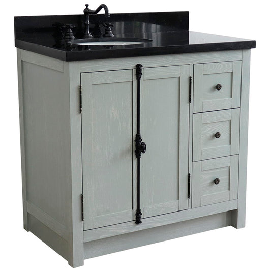 37 in. Single Vanity in Gray Ash Finish with Black Galaxy Top and Oval Sink - Left Doors/Left Sink, Plantation Collection