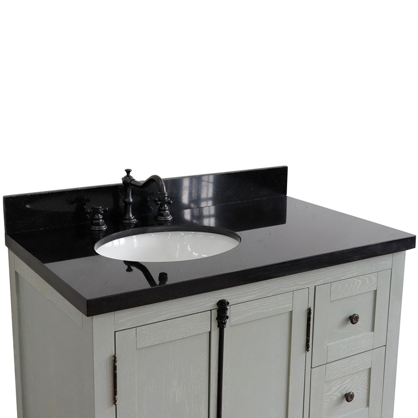 37 in. Single Vanity in Gray Ash Finish with Black Galaxy Top and Oval Sink - Left Doors/Left Sink, Plantation Collection