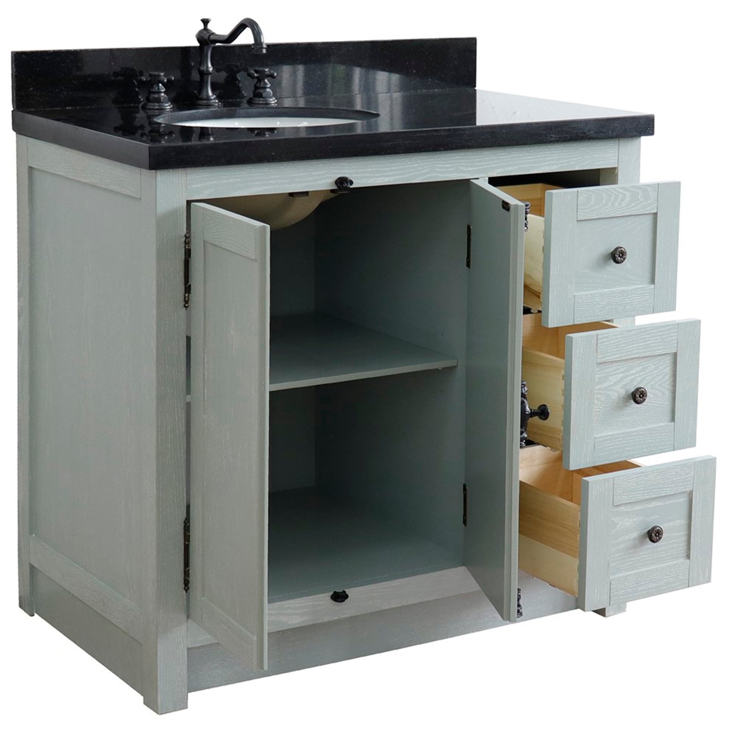 37 in. Single Vanity in Gray Ash Finish with Black Galaxy Top and Oval Sink - Left Doors/Left Sink, Plantation Collection