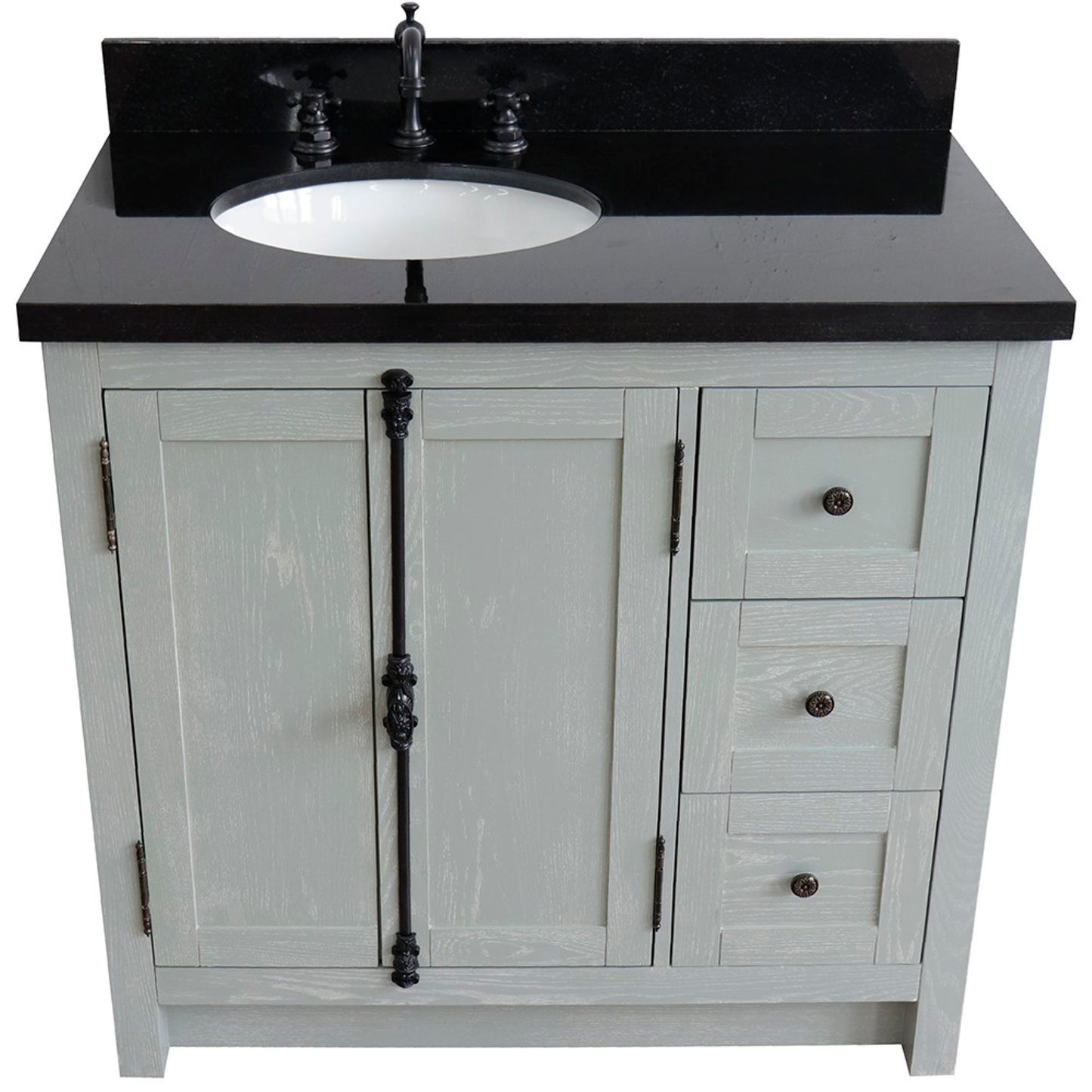 37 in. Single Vanity in Gray Ash Finish with Black Galaxy Top and Oval Sink - Left Doors/Left Sink, Plantation Collection