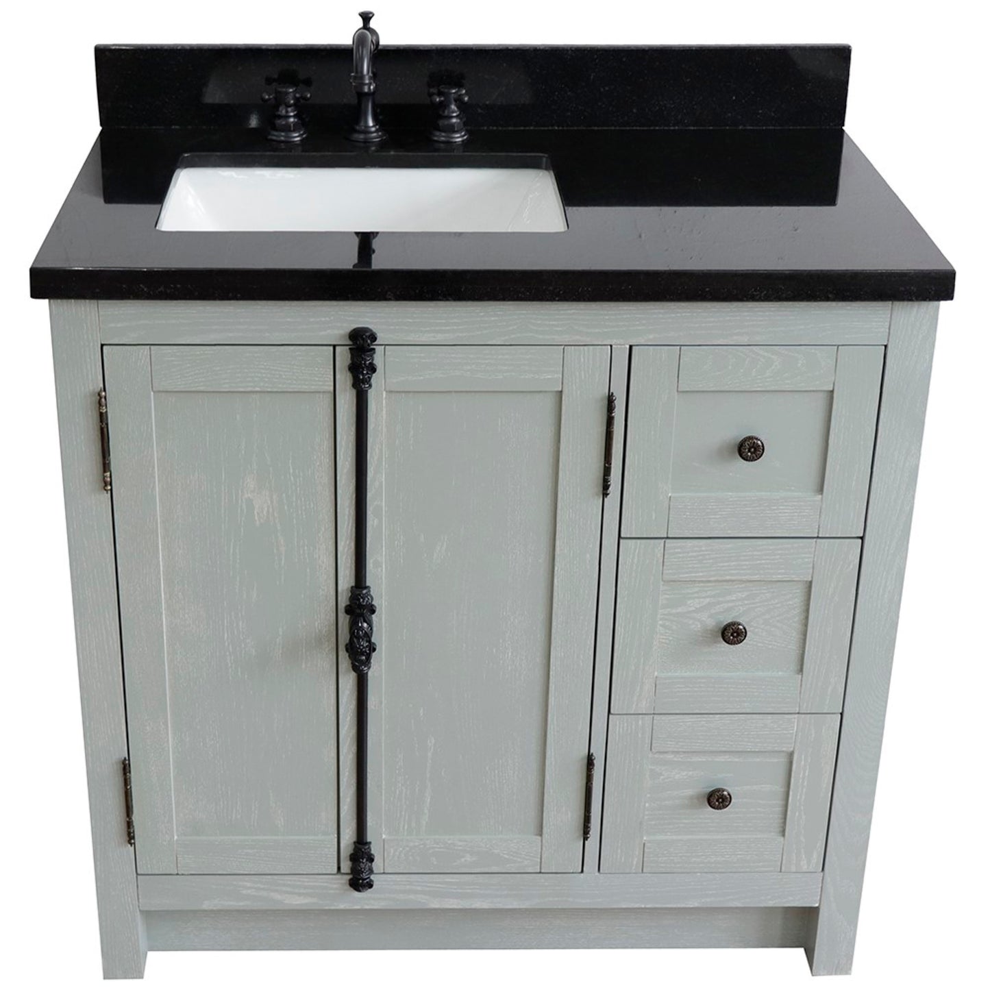 37 in. Single Vanity in Gray Ash Finish with Black Galaxy Top and Rectangle Sink - Left Doors/Left Sink, Plantation Collection