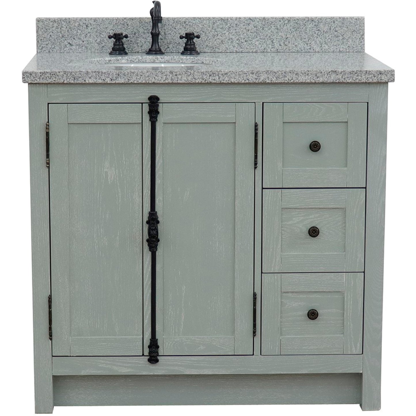 37 in. Single Vanity in Gray Ash Finish with Gray Granite Top and Oval Sink - Left Doors/Left Sink, Plantation Collection