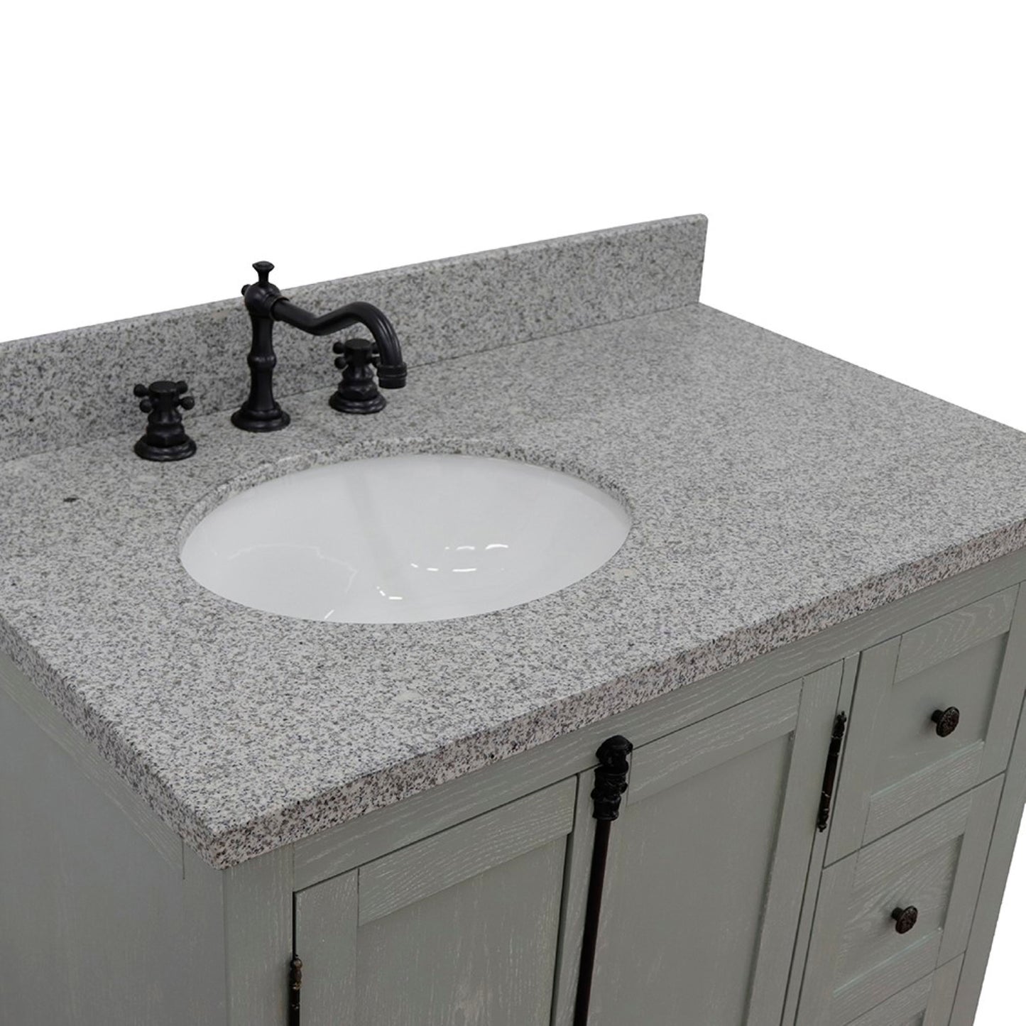 37 in. Single Vanity in Gray Ash Finish with Gray Granite Top and Oval Sink - Left Doors/Left Sink, Plantation Collection