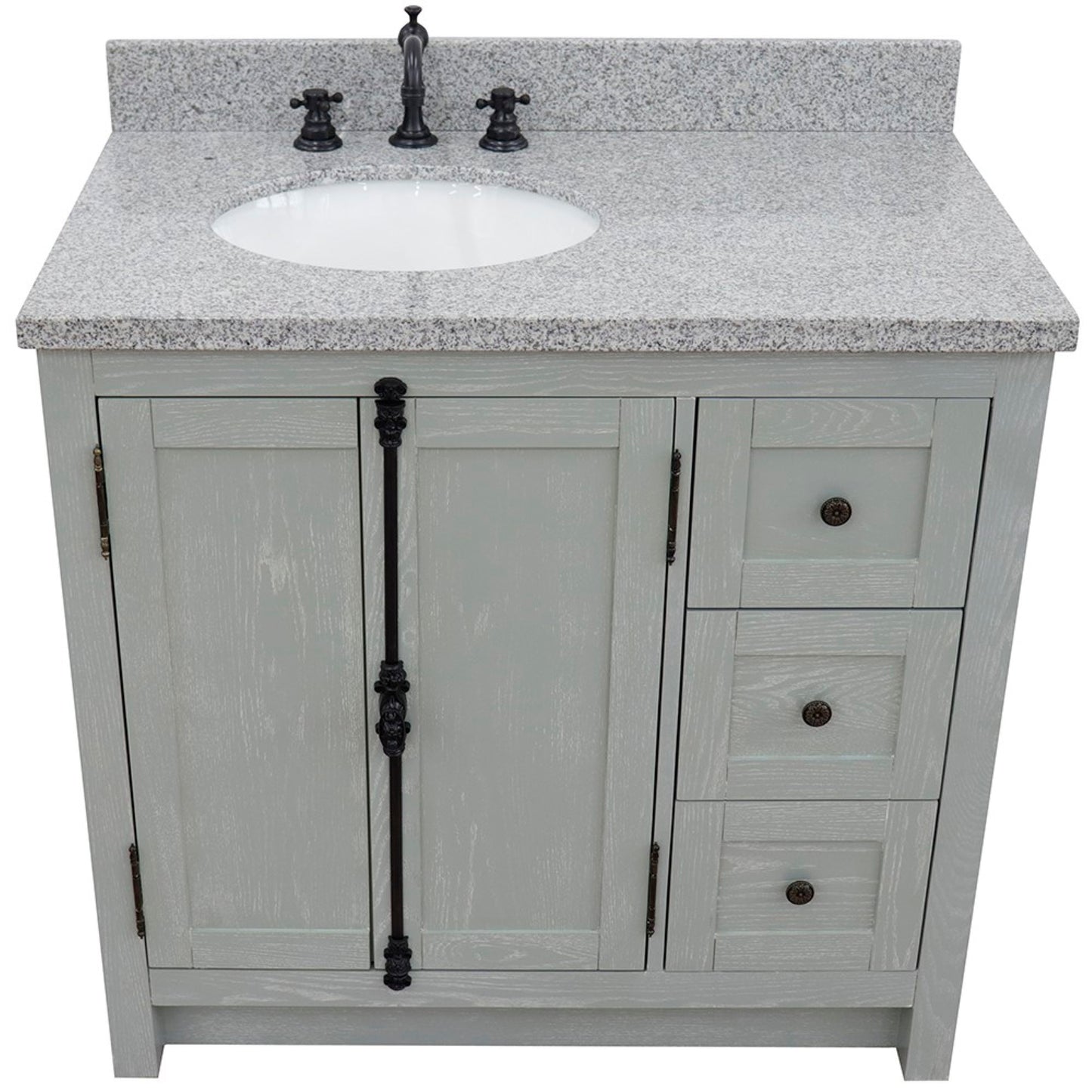 37 in. Single Vanity in Gray Ash Finish with Gray Granite Top and Oval Sink - Left Doors/Left Sink, Plantation Collection