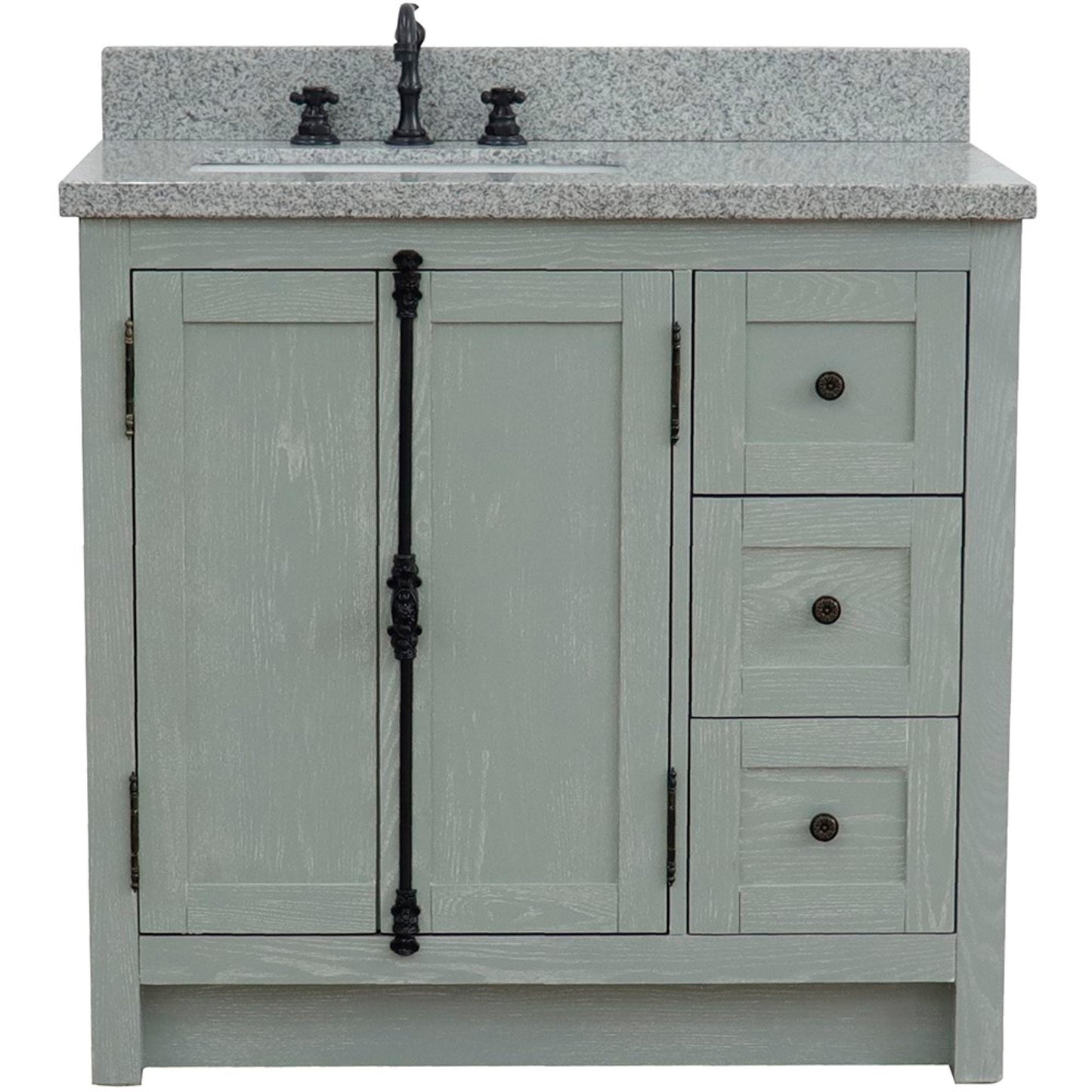 37 in. Single Vanity in Gray Ash Finish with Gray Granite Top and Rectangle Sink - Left Doors/Left Sink, Plantation Collection