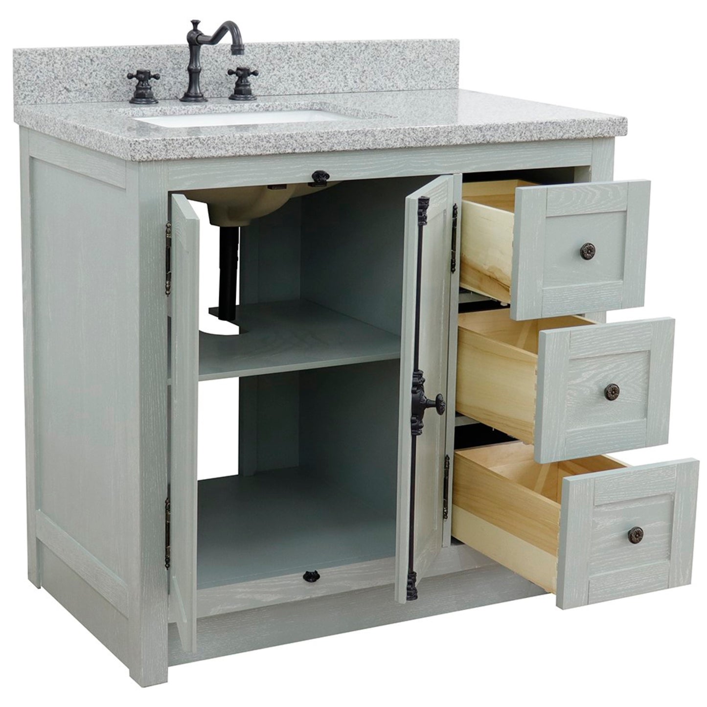 37 in. Single Vanity in Gray Ash Finish with Gray Granite Top and Rectangle Sink - Left Doors/Left Sink, Plantation Collection